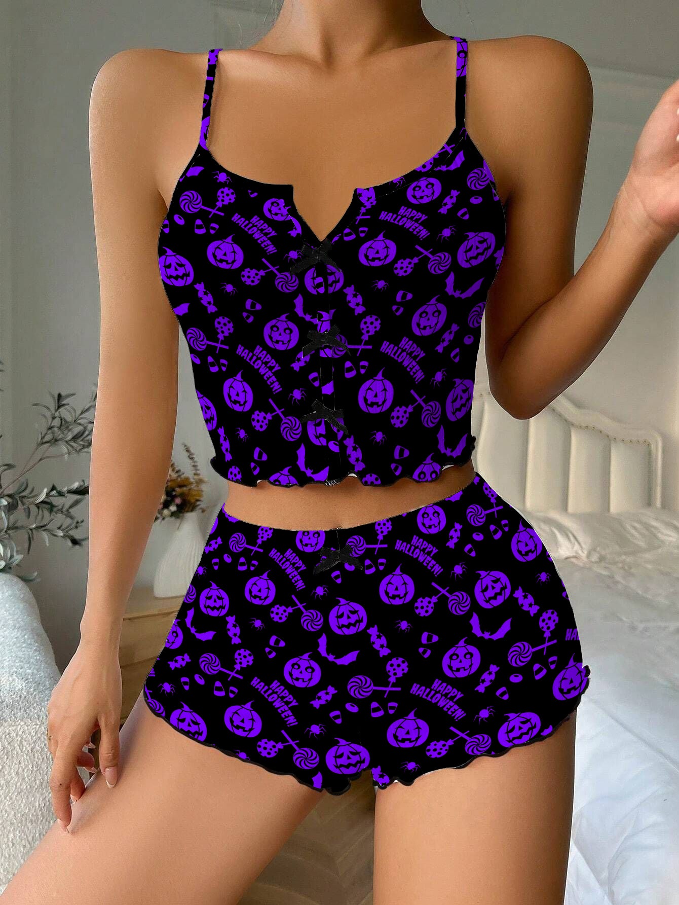 Happy Halloween Bow Ribbed Knit Pajama Set For Women