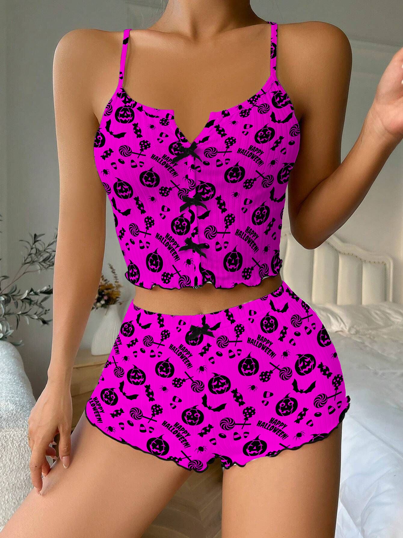 Happy Halloween Bow Ribbed Knit Pajama Set For Women