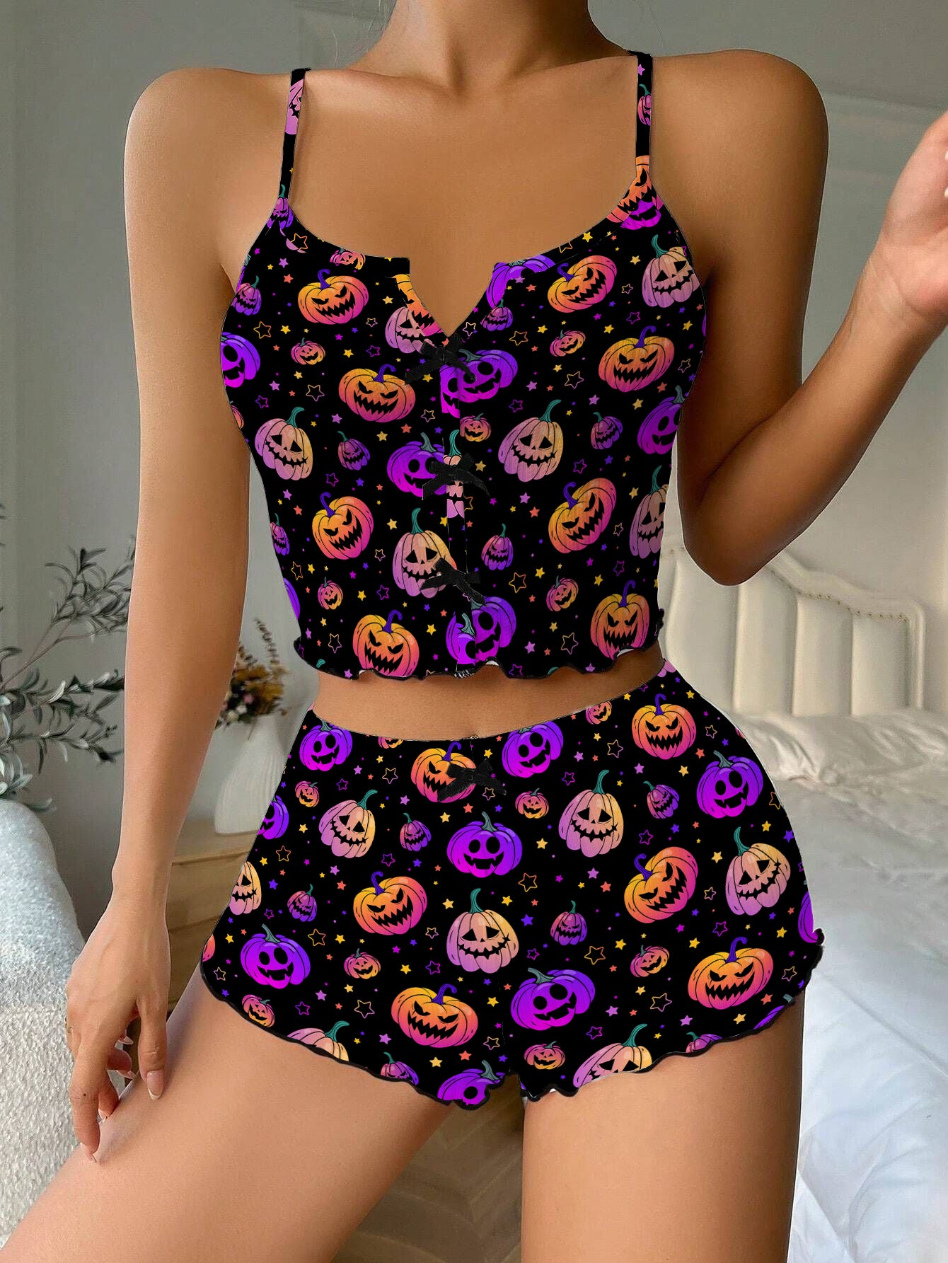 Halloween Pumpkin Bow Ribbed Knit Pajama Set For Women