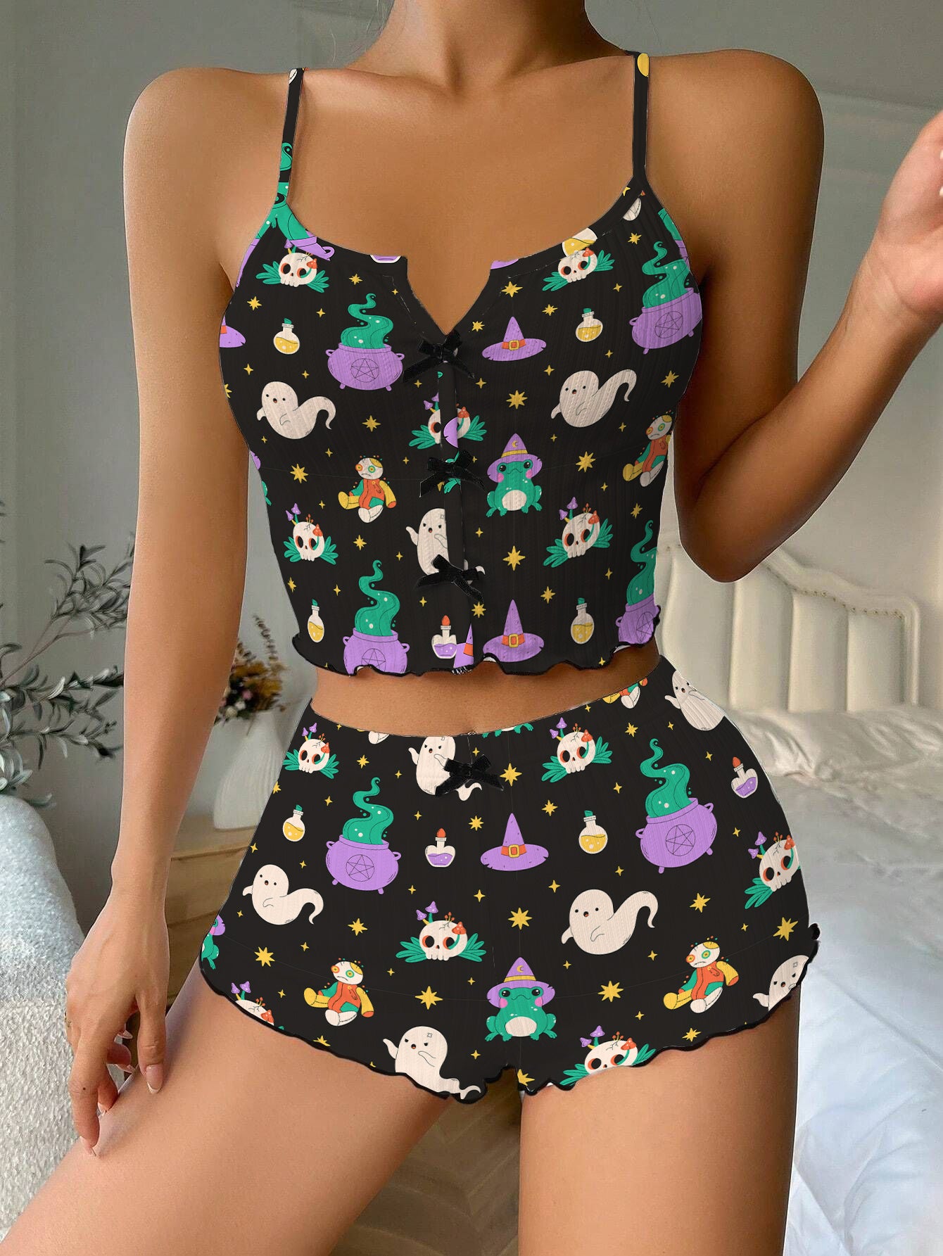 Magical Halloween Bow Ribbed Knit Pajama Set For Women