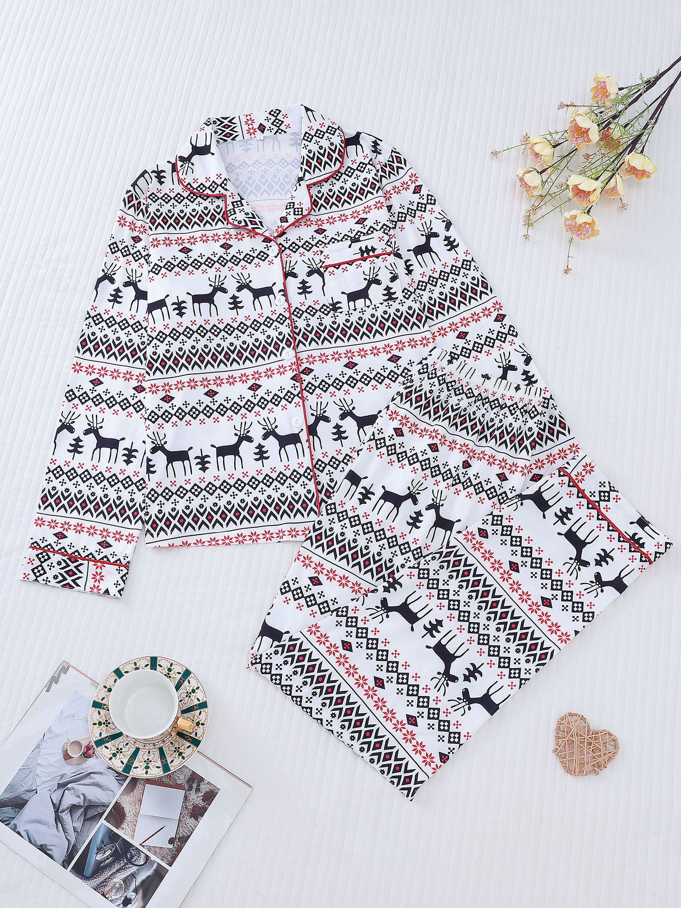 White Christmas Reindeer & Snowflake Pajama Long Set For Women
