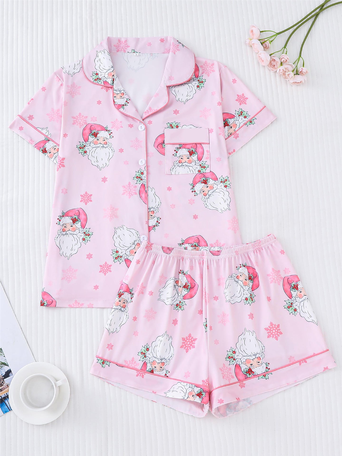 Pink Santa Claus Short Pajama Set For Women