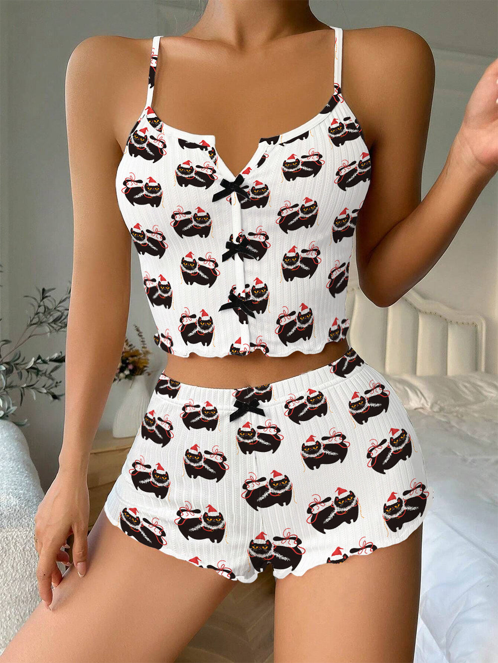 Black Cute Cat Christmas Bow Ribbed Knit Pajama Set For Women