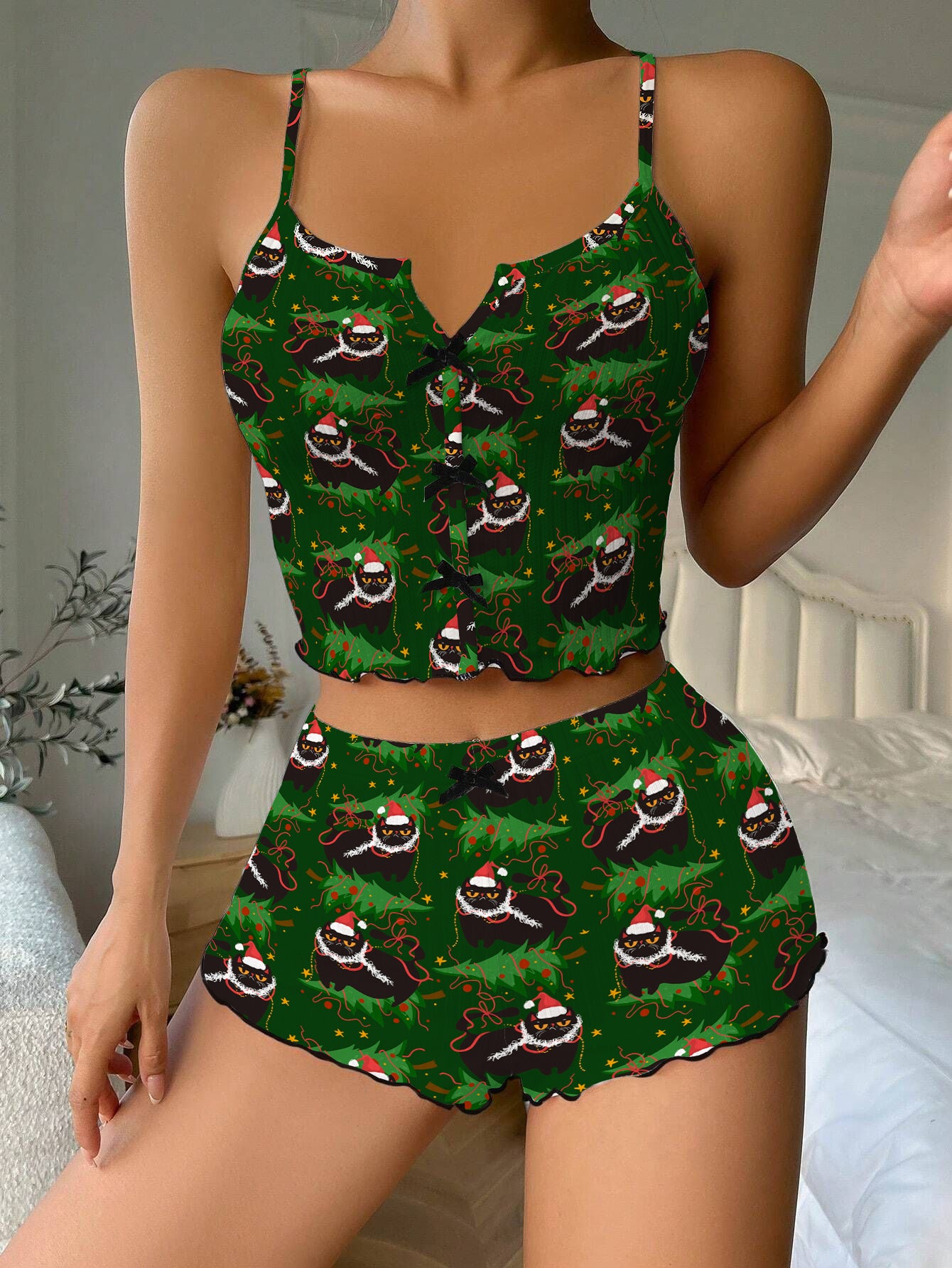 Funny Green Christmas Cat Bow Ribbed Knit Pajama Set For Women