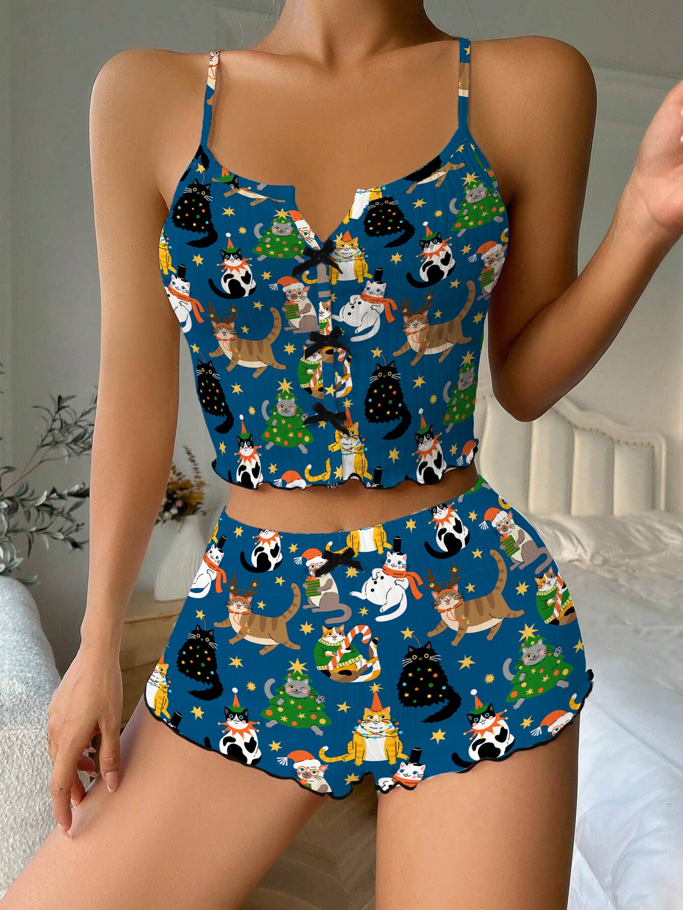 Cute Cat Christmas Outfits Bow Ribbed Knit Pajama Set For Women