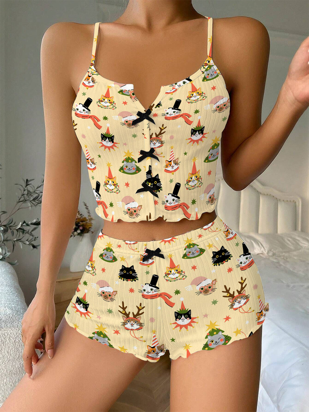 Cat Christmas Outfits Bow Ribbed Knit Pajama Set For Women