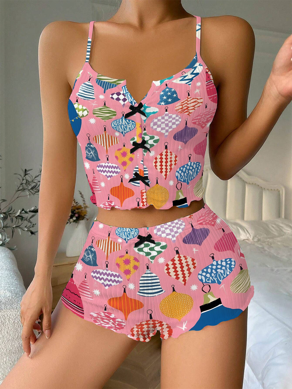 Christmas Baubles Pink Bow Ribbed Knit Pajama Set For Women