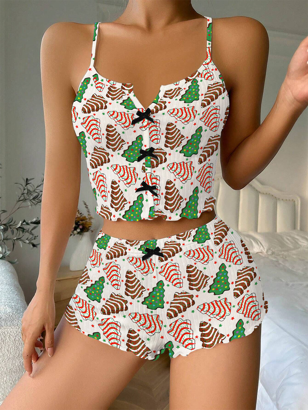 Christmas Tree Cakes Bow Ribbed Knit Pajama Set For Women