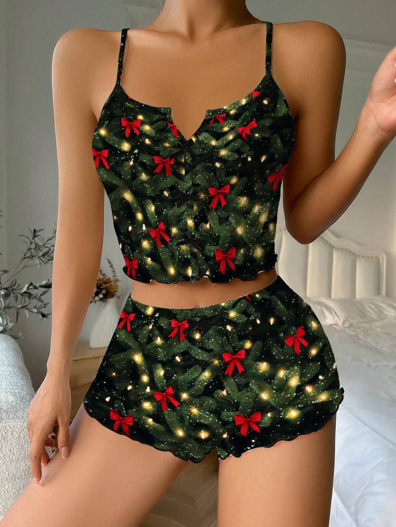 Christmas Tree Print Bow Ribbed Knit Pajama Set For Women