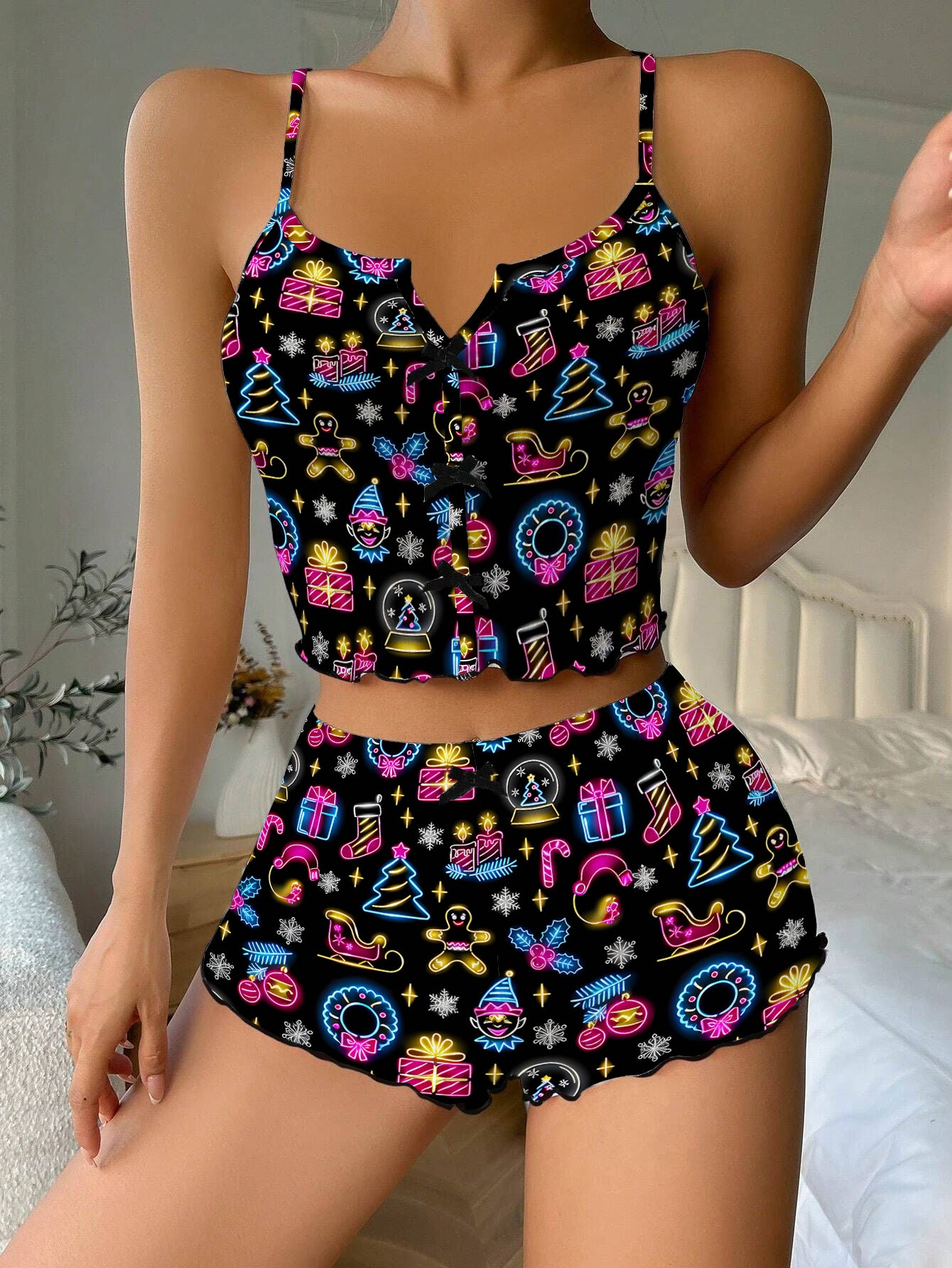 Neon Christmas Bow Ribbed Knit Pajama Set For Women