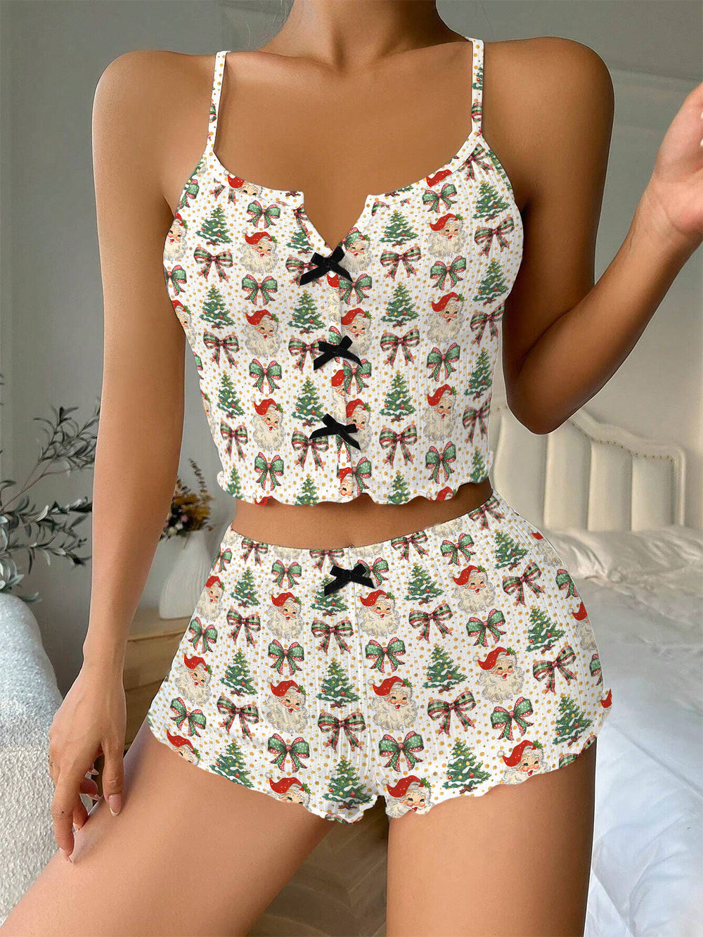 Vintage Classic Christmas Santa Bow Ribbed Knit Pajama Set For Women