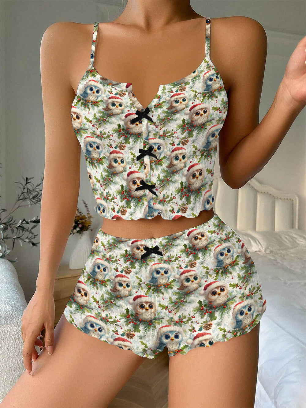 3D Printed The Owl In A Santa Hat Bow Ribbed Knit Pajama Set For Women