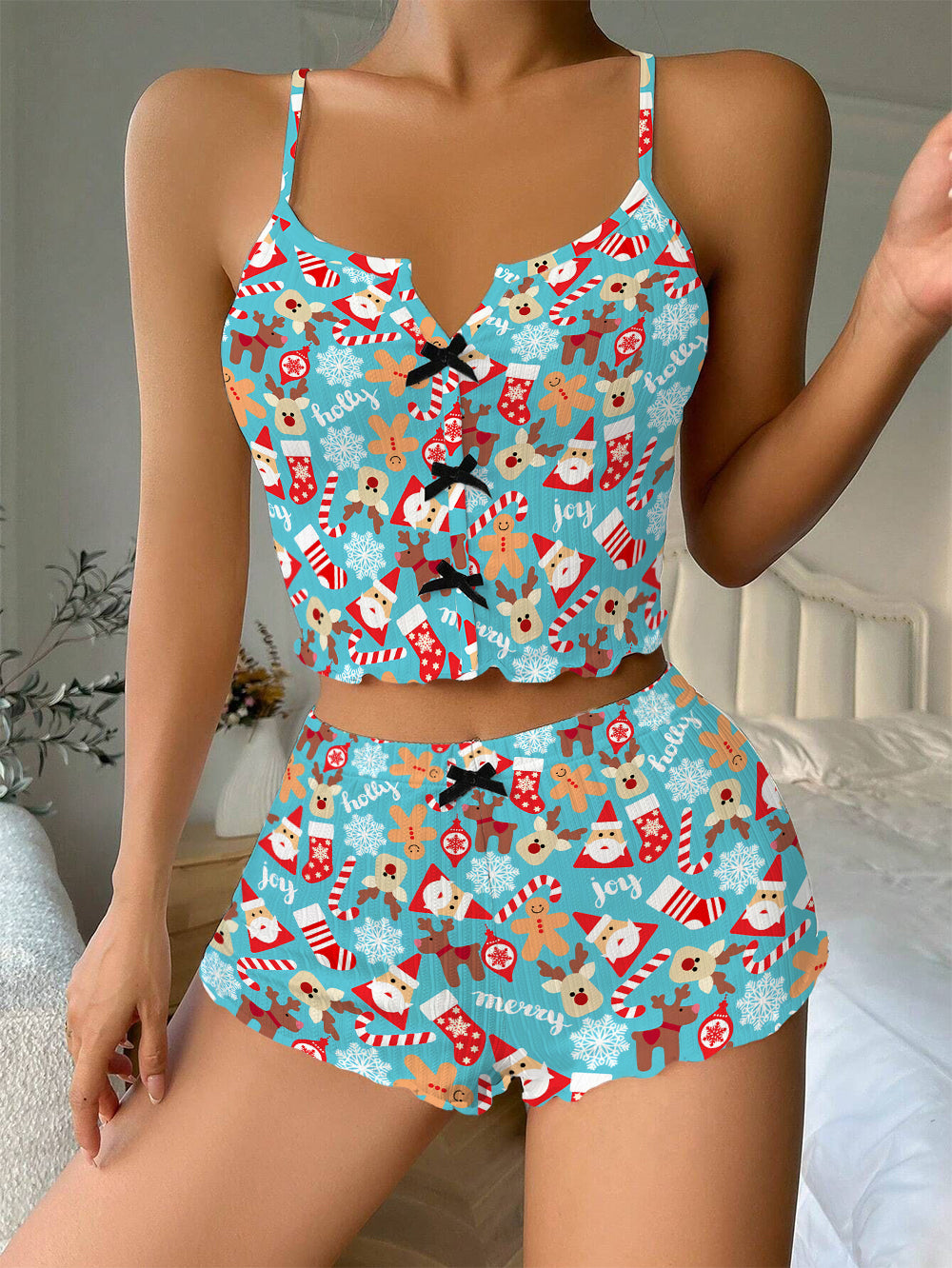 Christmas Snowflake Gingerbread Man Bow Ribbed Knit Pajama Set For Women