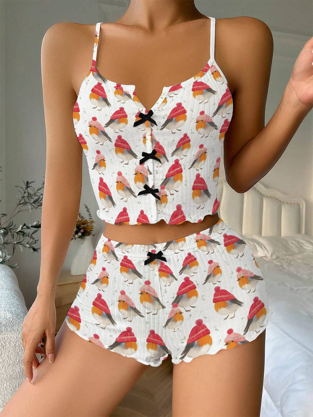 Winter Robins Christmas Bow Ribbed Knit Pajama Set For Women