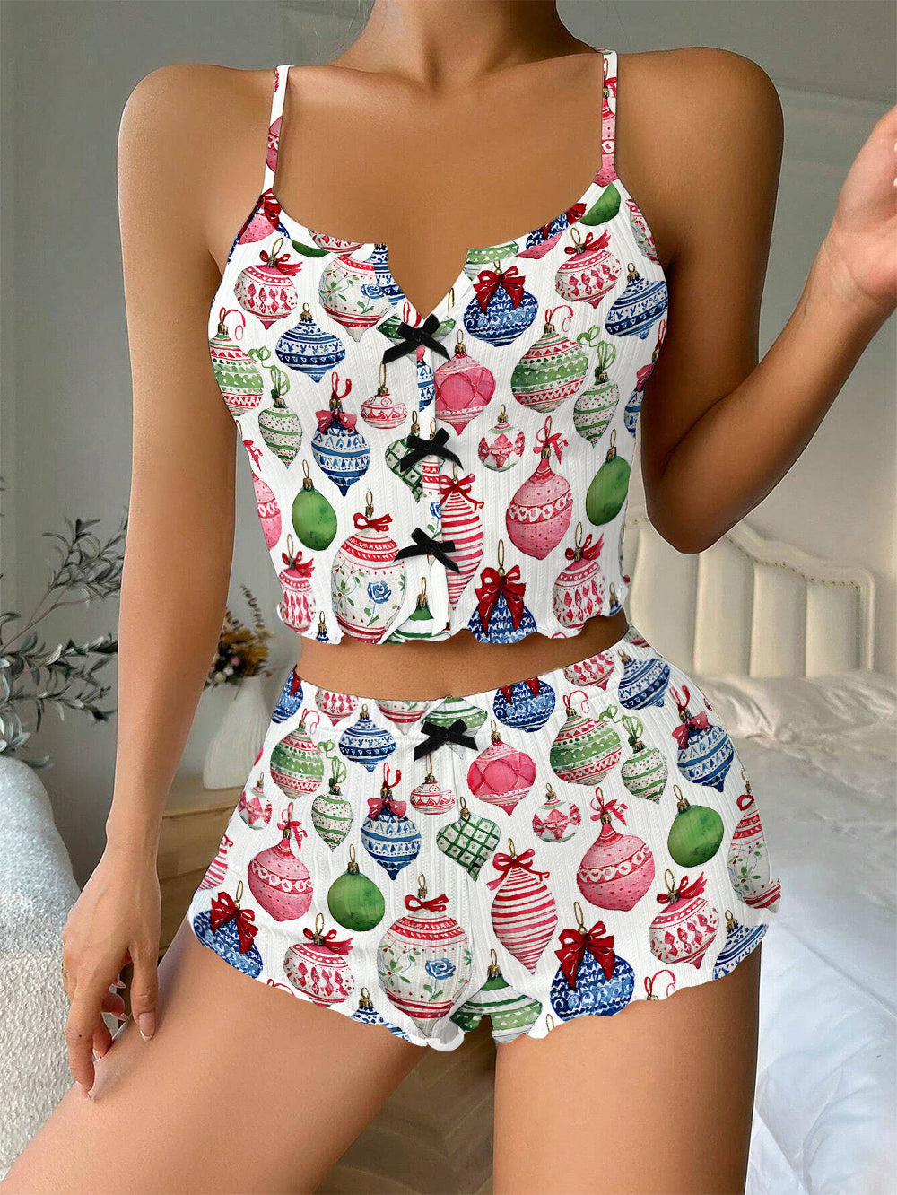 Colorful Christmas Baubles Bow Ribbed Knit Pajama Set For Women