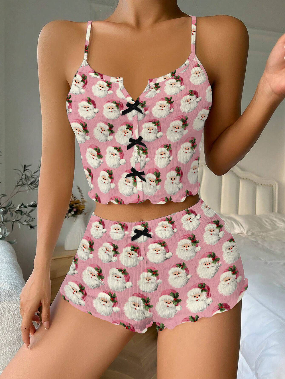 Pink Cute Santa Claus Avatar Bow Ribbed Knit Pajama Set For Women