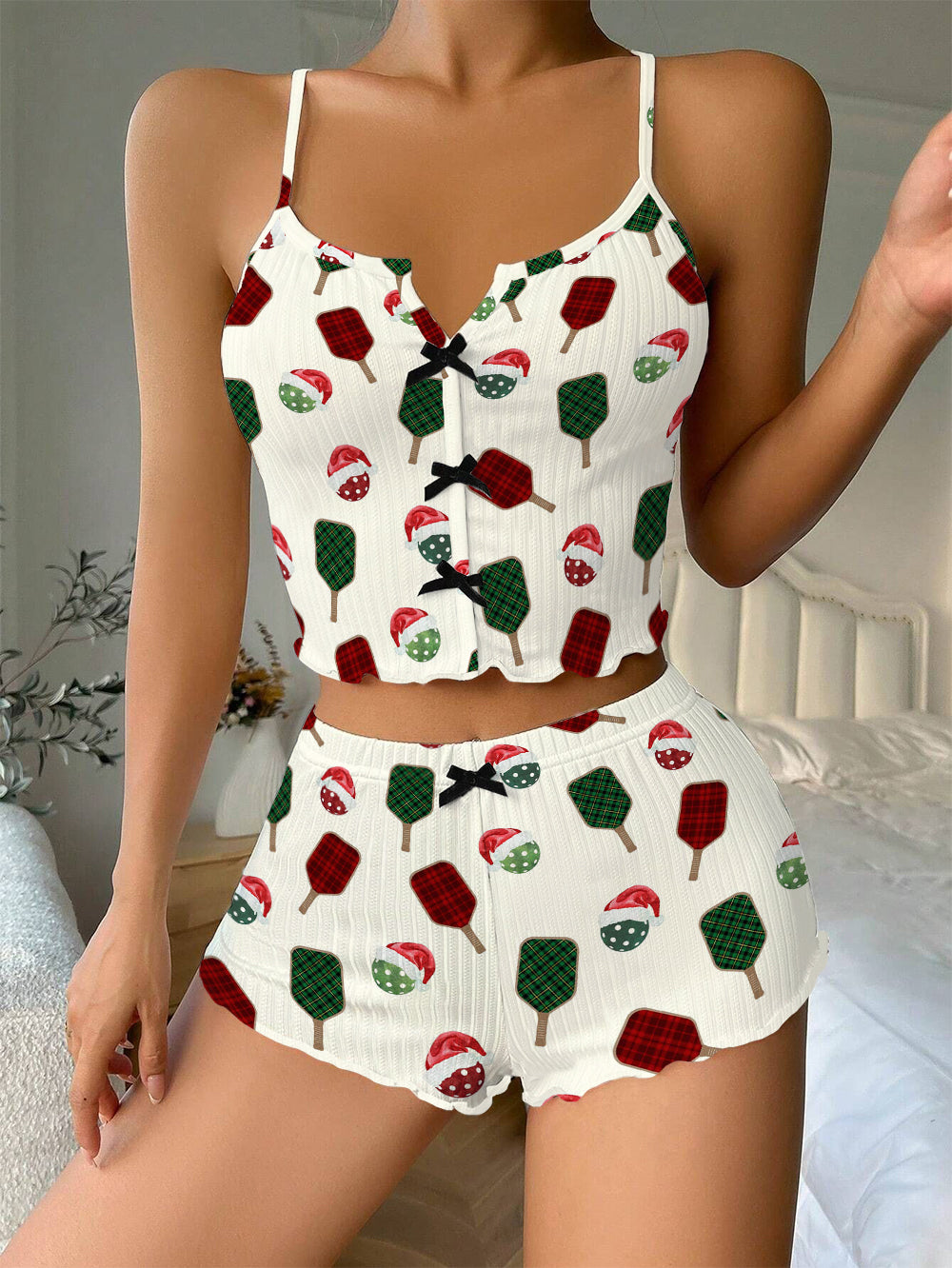 Christmas Pickleballs Santa Hat Bow Ribbed Knit Pajama Set For Women