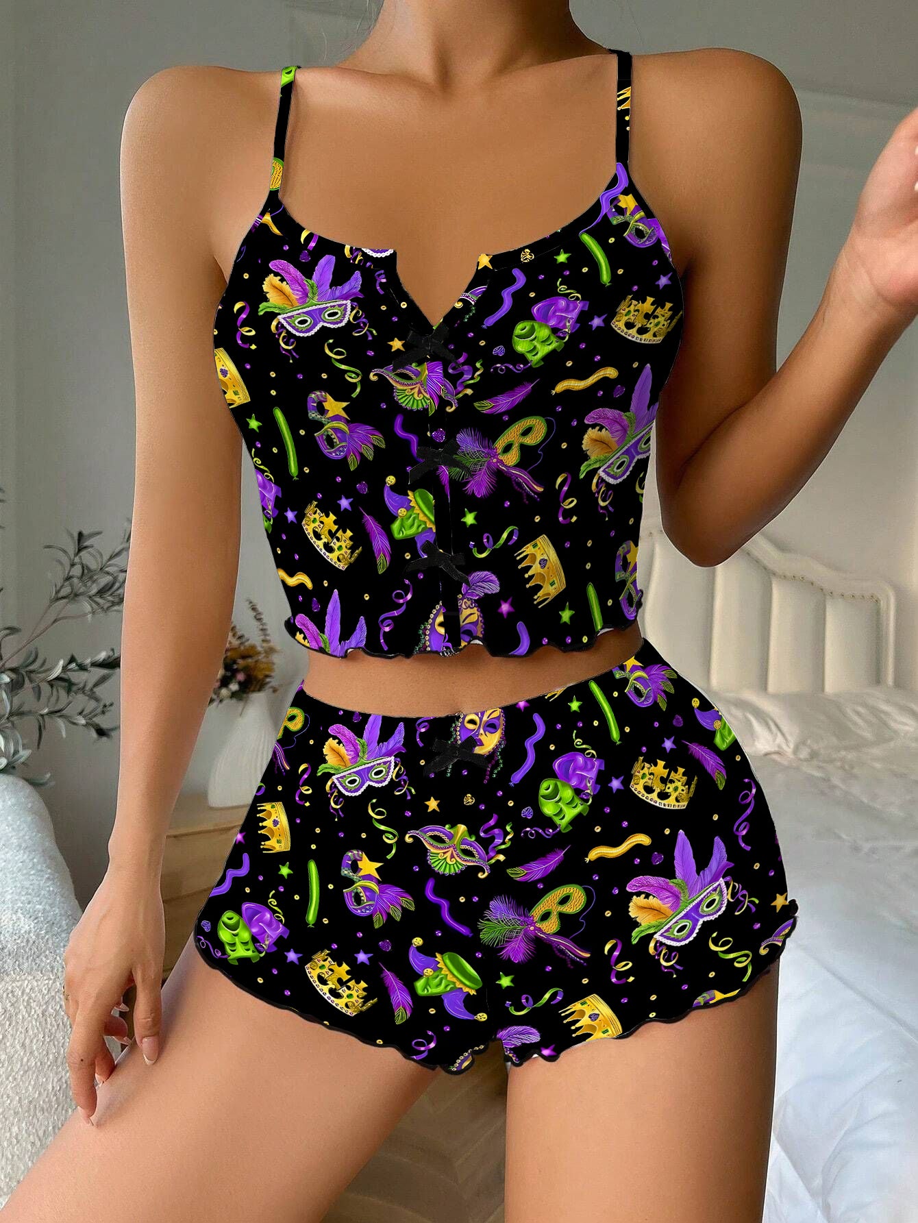 Mardi Gras Carnival Mask Purple Bow Ribbed Knit Pajama Set For Women