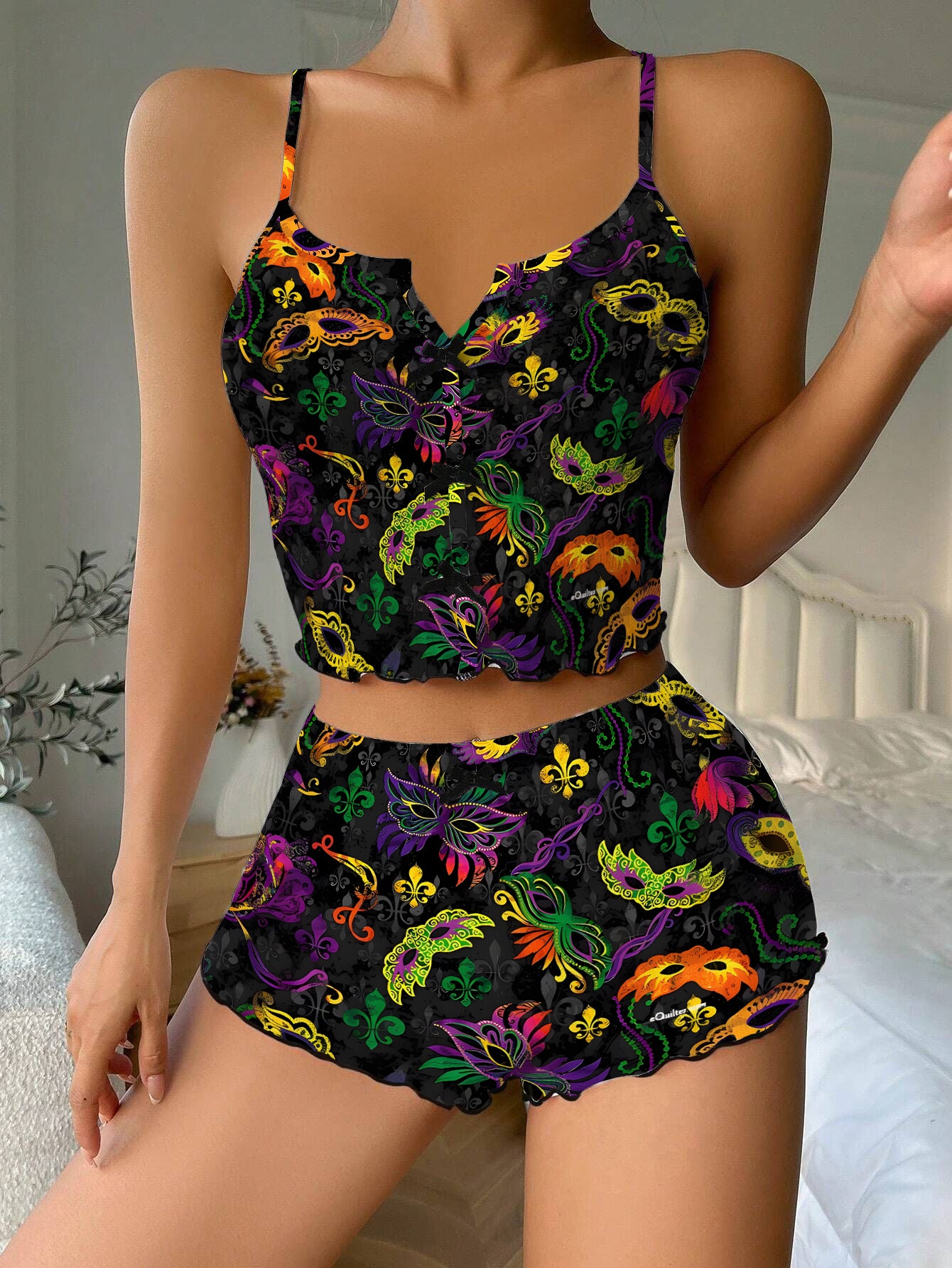 Mardi Gras Carnival Mask Bow Ribbed Knit Pajama Set For Women