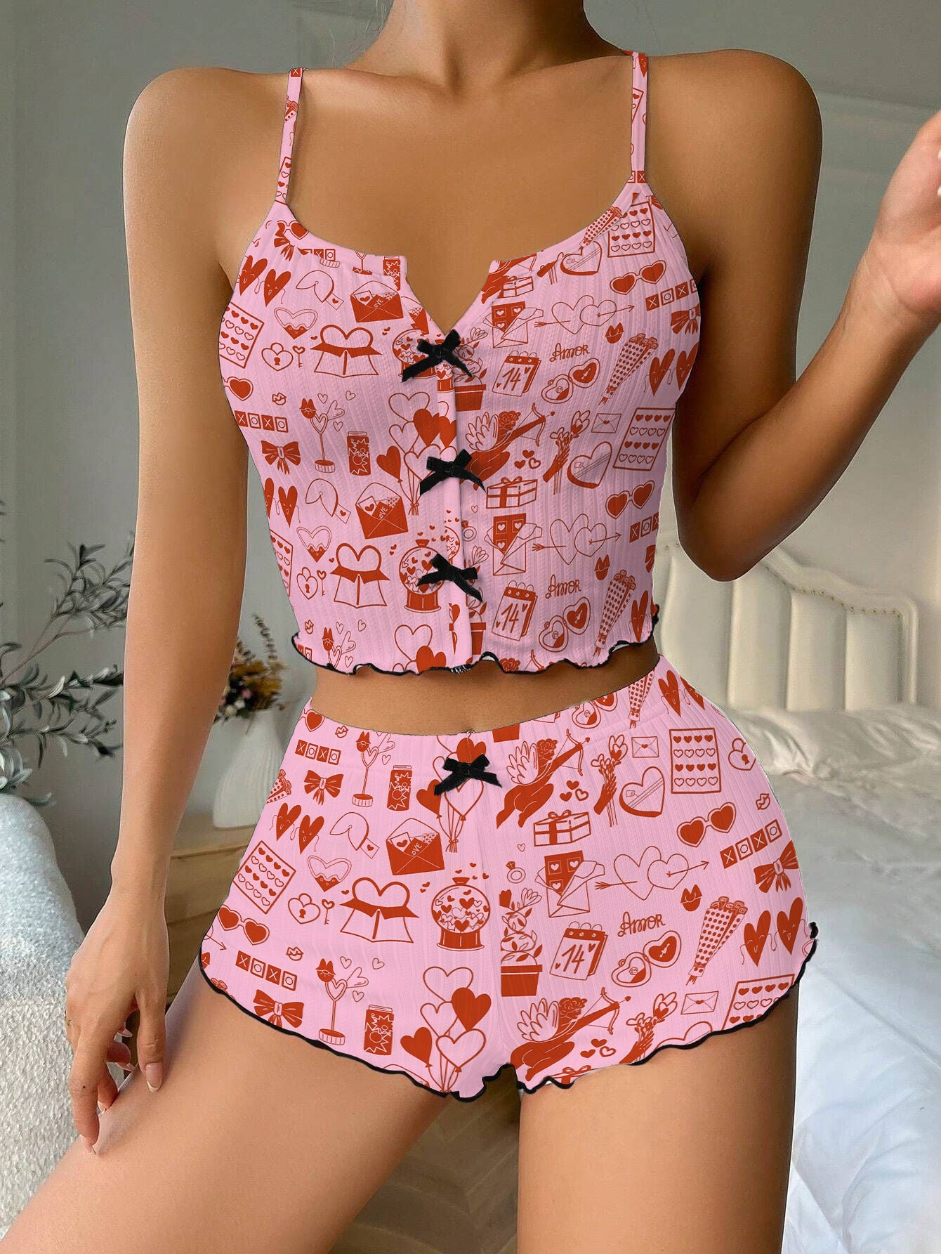 Valentine’s Day Cupid Line Pink Bow Ribbed Knit Pajama Set For Women