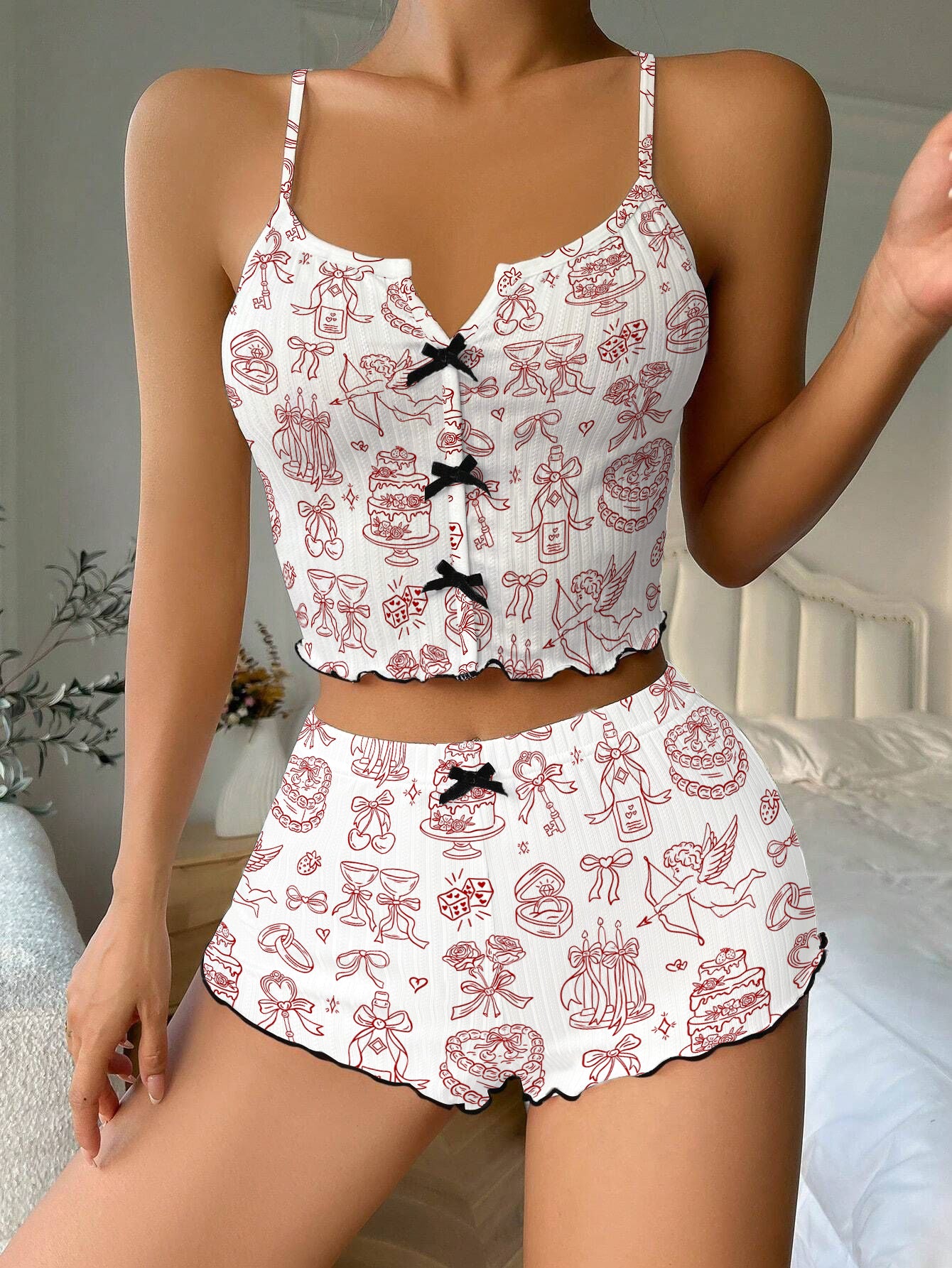 Valentine’s Day Cupid Line Bow Ribbed Knit Pajama Set For Women