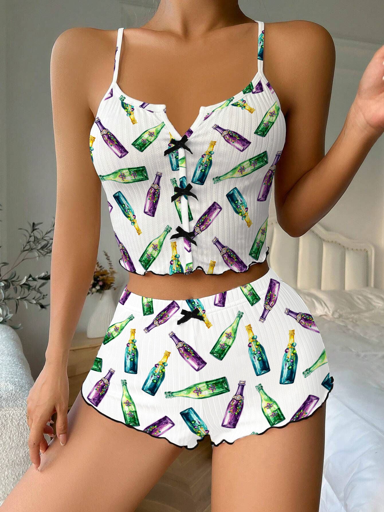 Mardi Gras Bottles Bow Ribbed Knit Pajama Set For Women