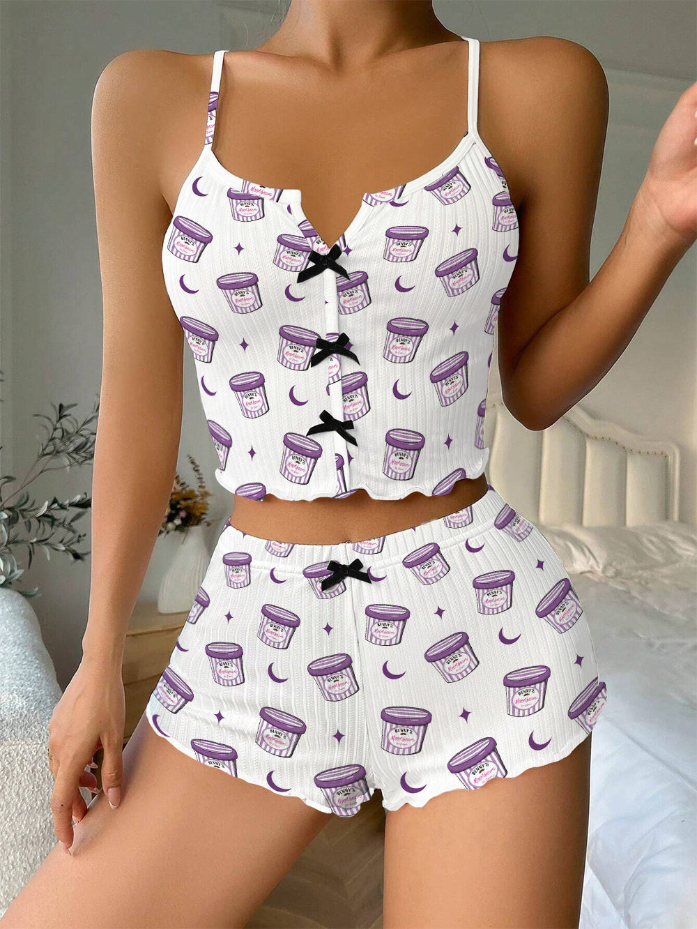 Moonbeam Ice Cream Benson Boone Concert Bow Ribbed Knit Pajama Set For Women