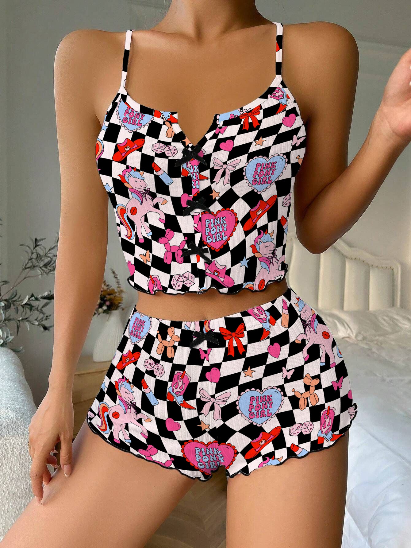 Pink Pony Girl Wild West Bow Ribbed Knit Pajama Set For Women