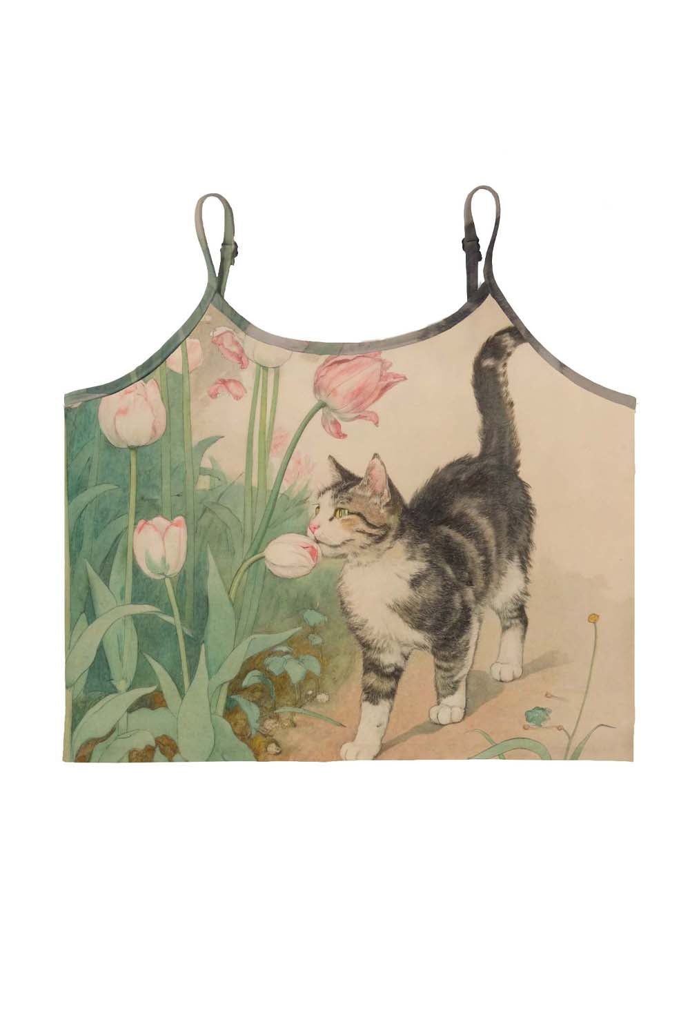 Chinoiserie Cat & Flowers Y2K Print Cami Crop Top