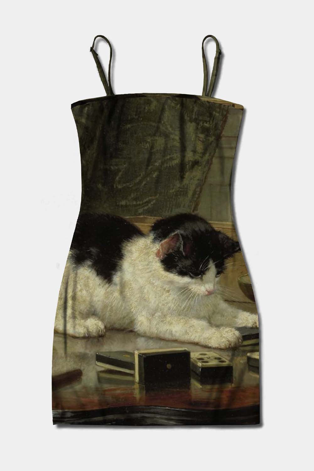 Playing Cats Oil Painting Y2K Print Slip Dress