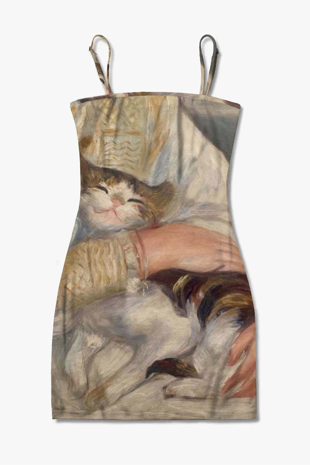 Oil Painting Sleeping Cat Y2K Print Slip Dress