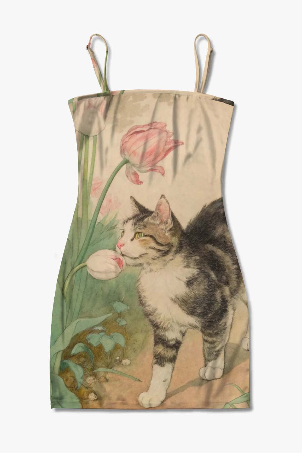 Chinoiserie Cat & Flowers Y2K Print Slip Dress