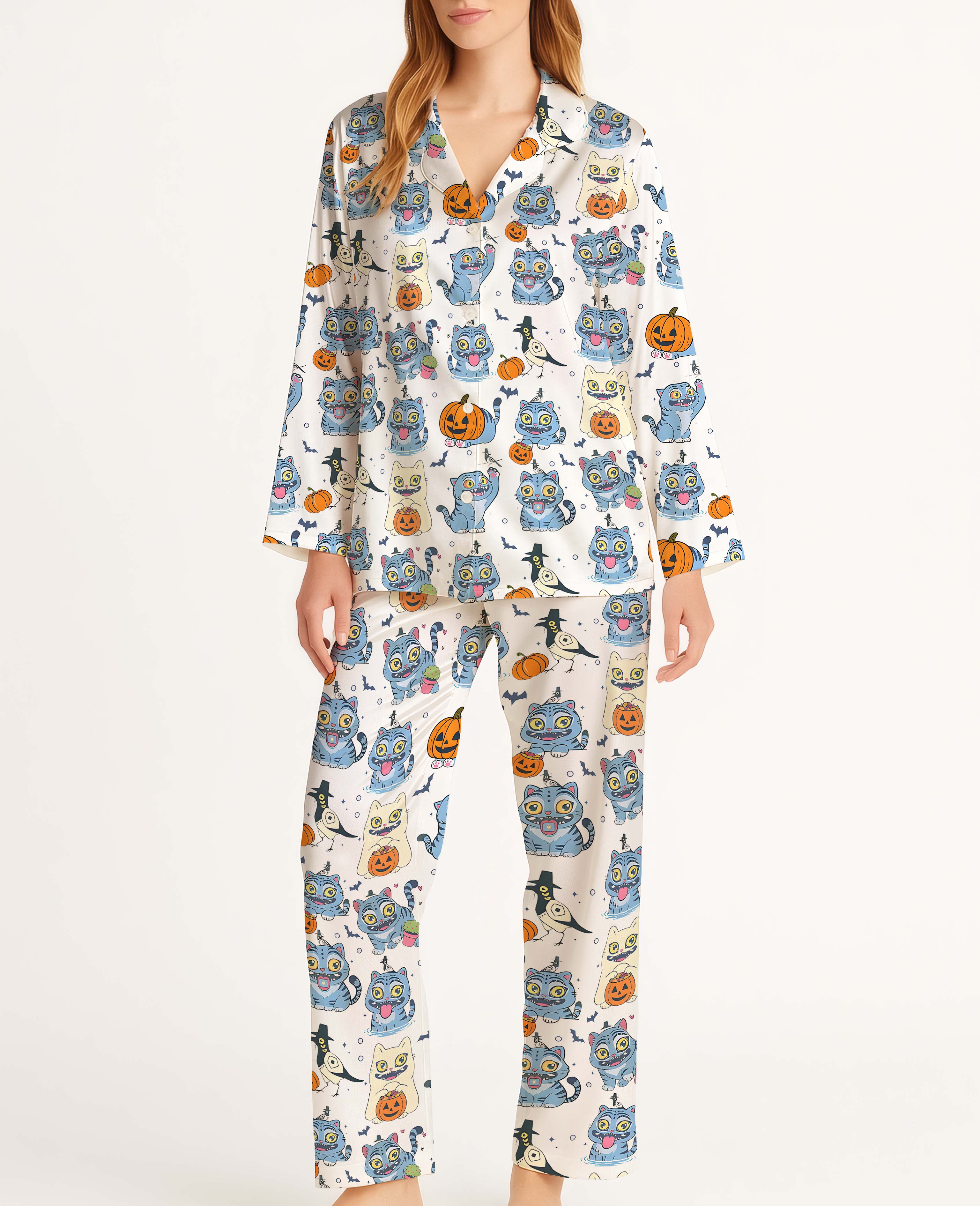 Kpop Demon Hunters Tiger Halloween Satin Pajama Long Set For Women