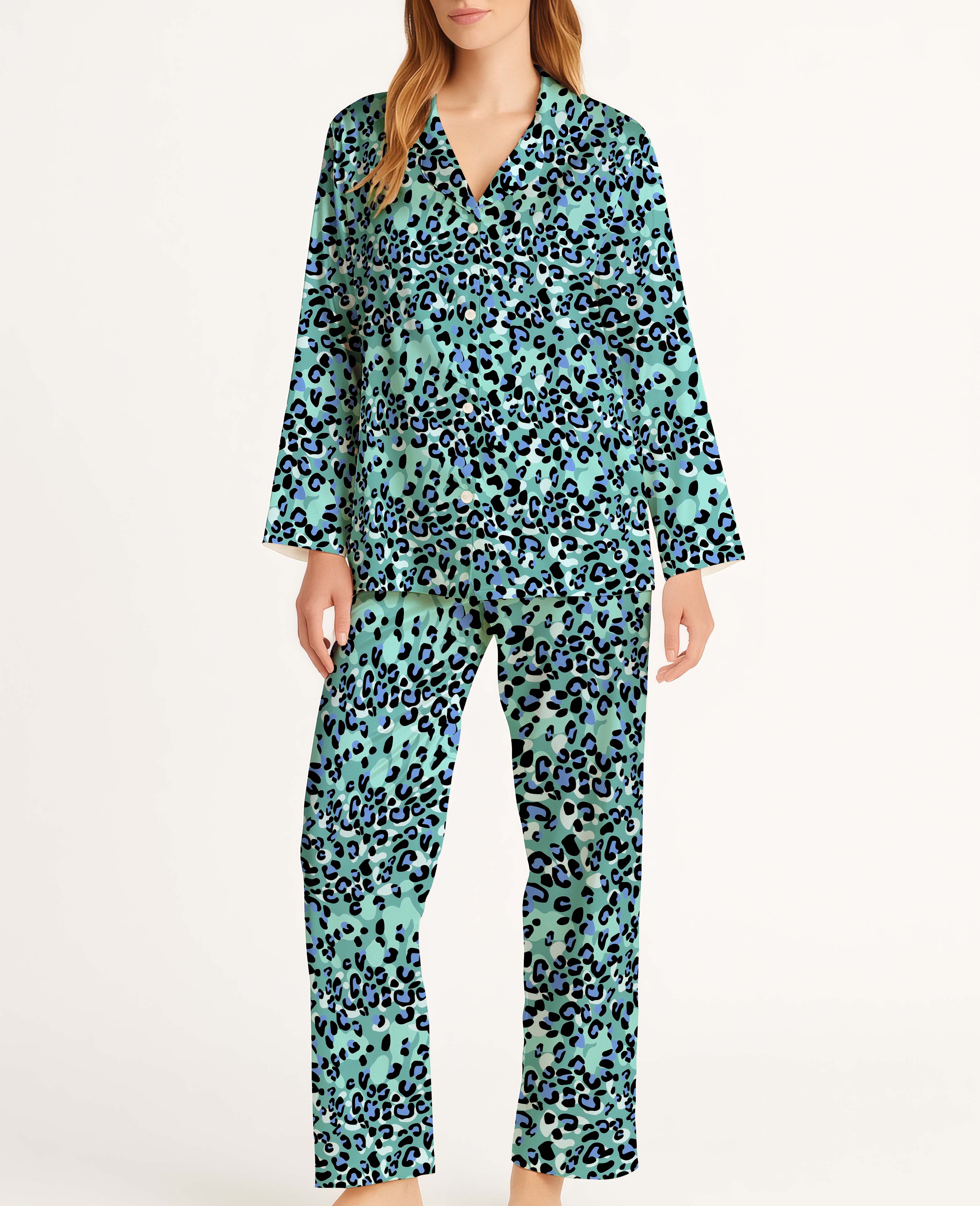 Abstract Modern Leopard Satin Pajama Long Set For Women