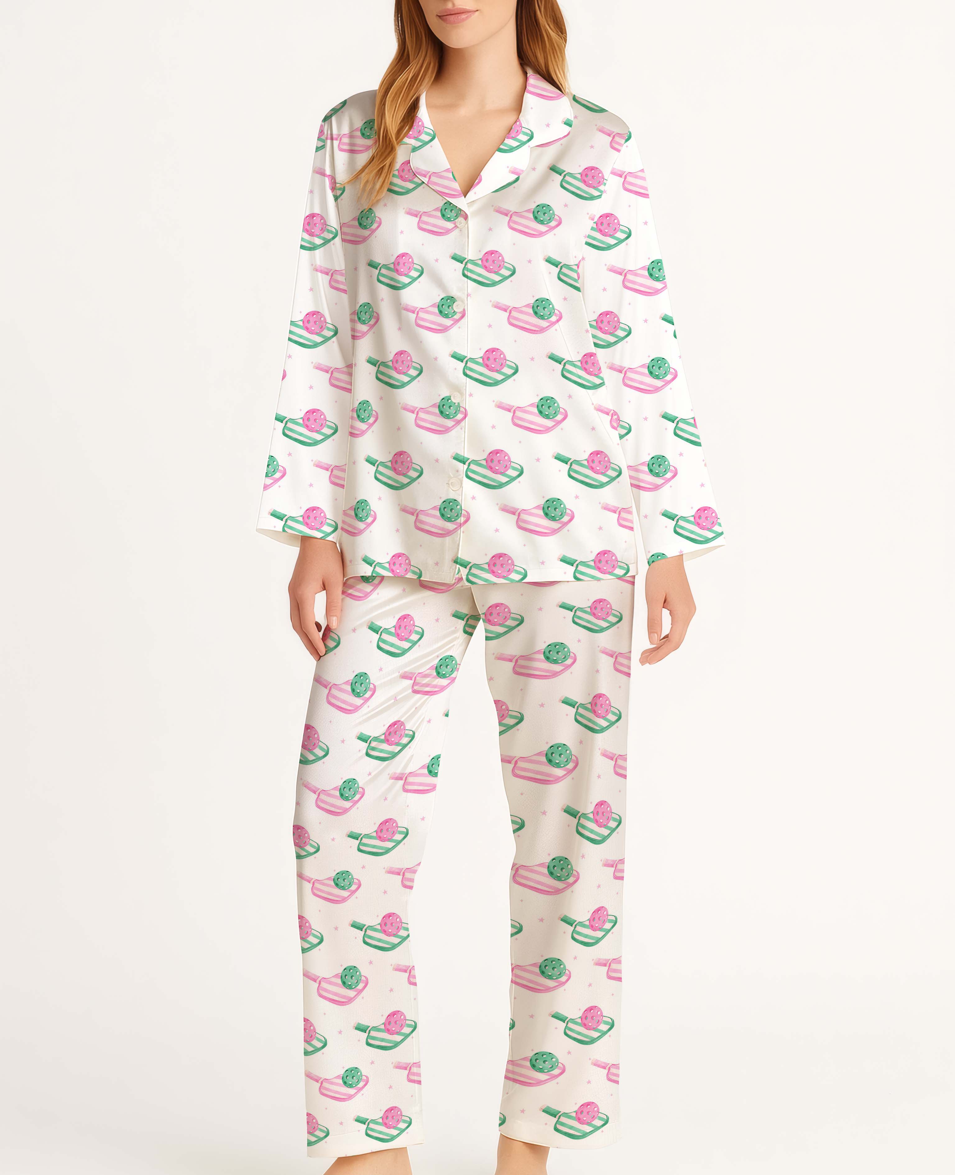Preppy Pickleball Paddles Satin Pajama Long Set For Women