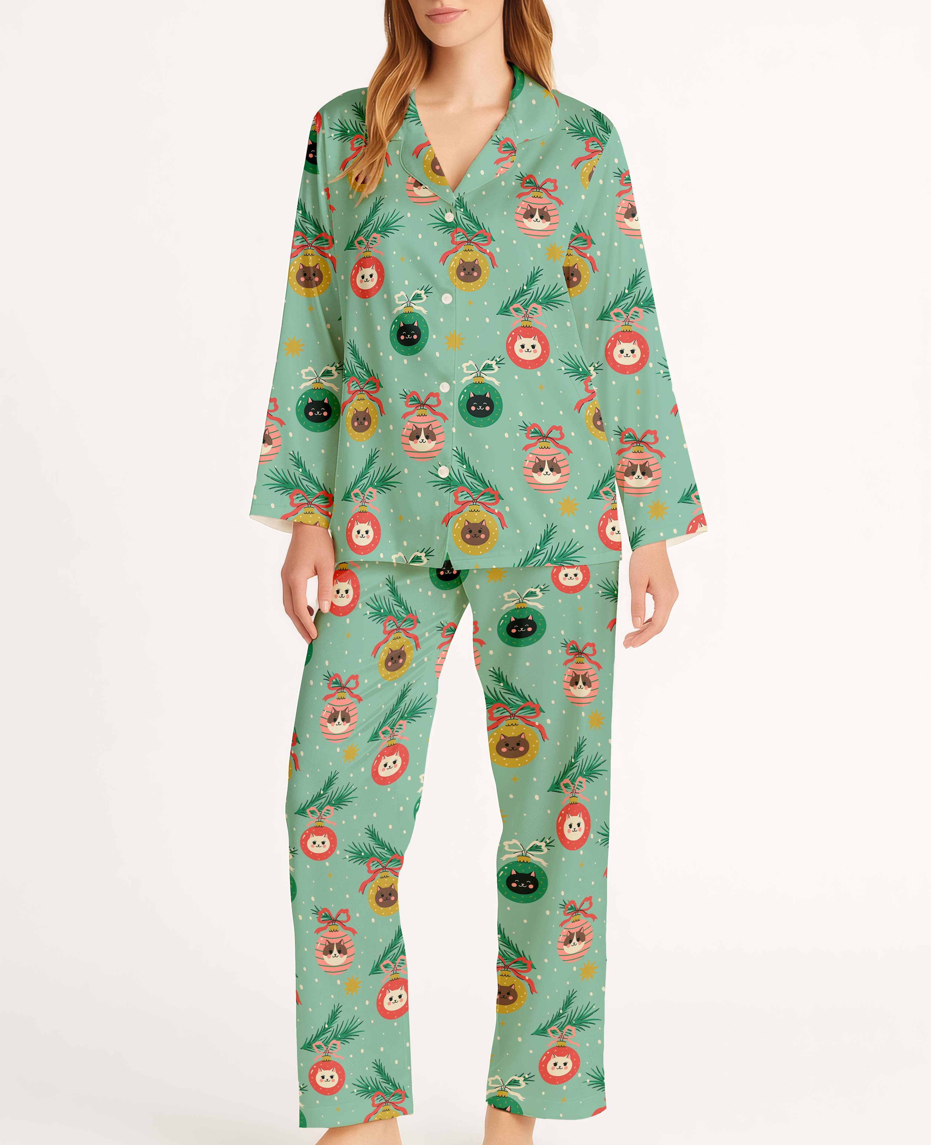 Christmas Balls with Cat Faces Satin Pajama Long Set For Women
