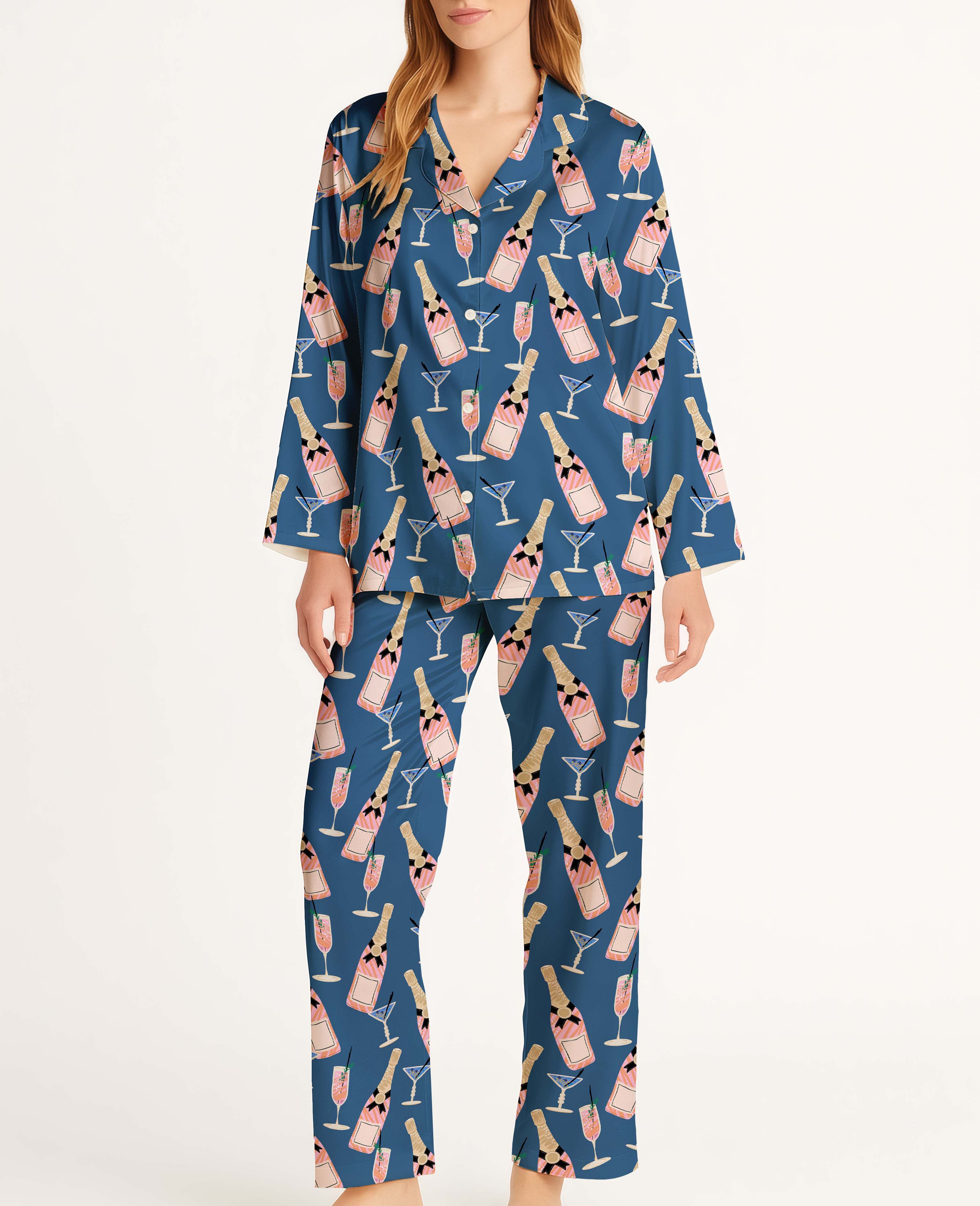 Wine Bottles and Champagne Satin Pajama Long Set For Women