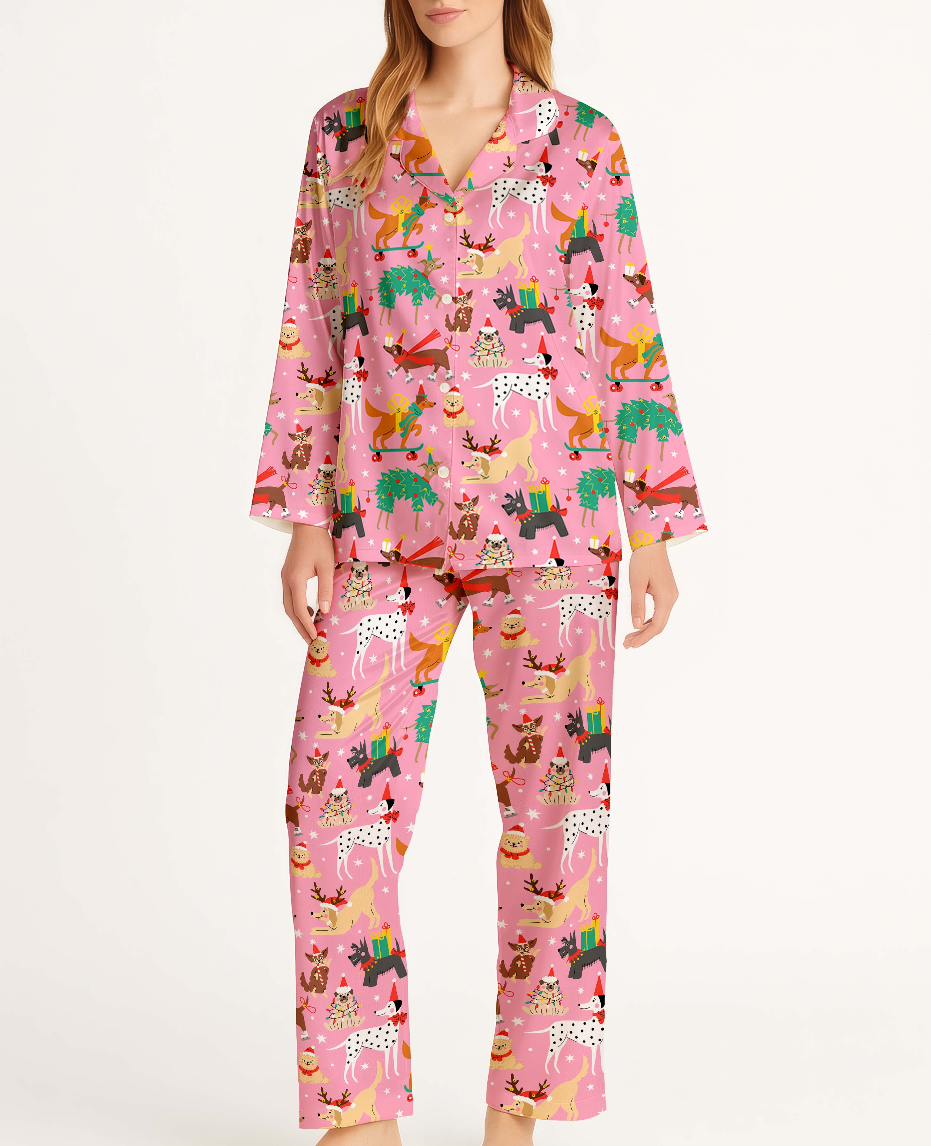 Christmas Dogs In Holiday Satin Pajama Long Set For Women