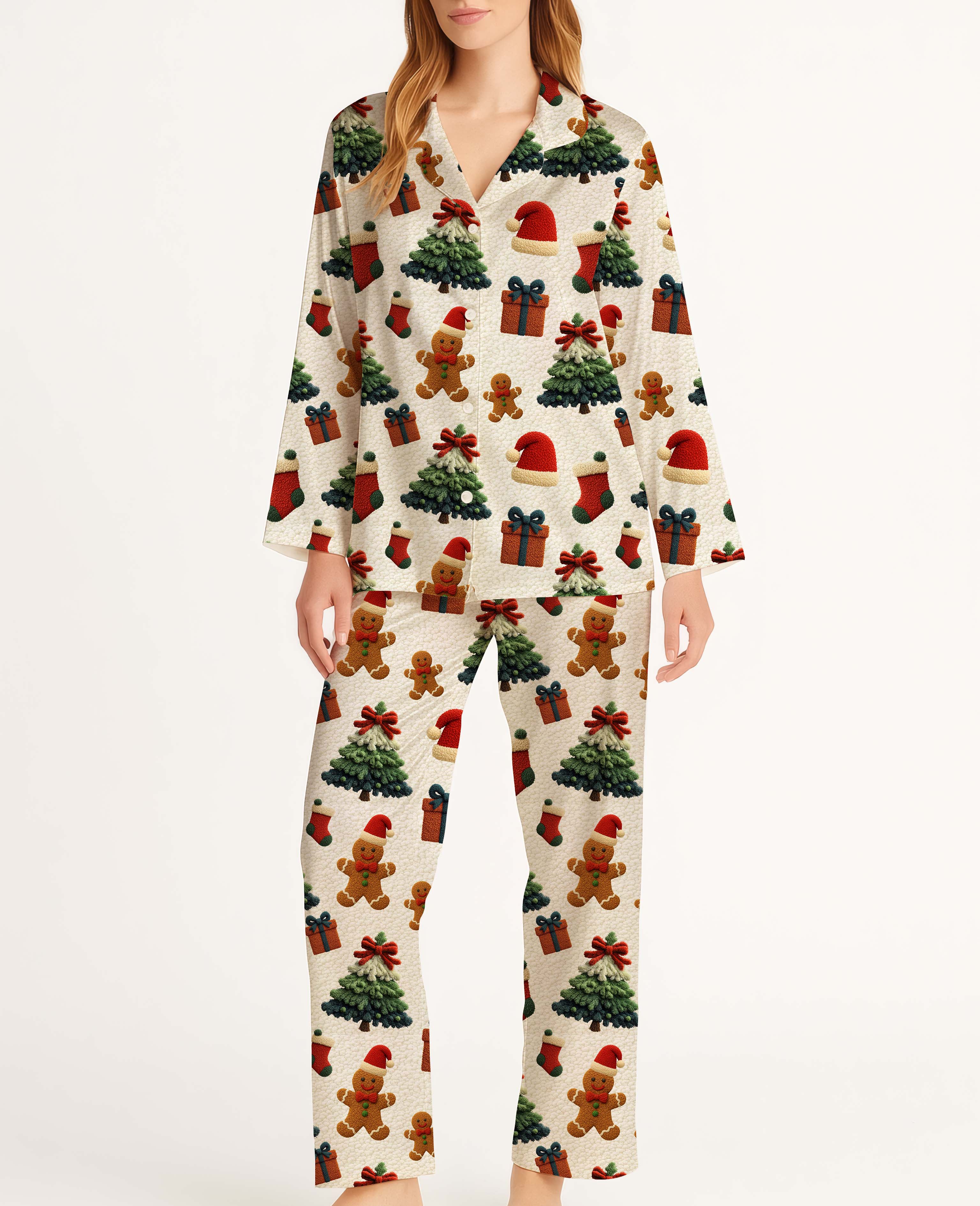 Fluffy Christmas Tree Satin Pajama Long Set For Women