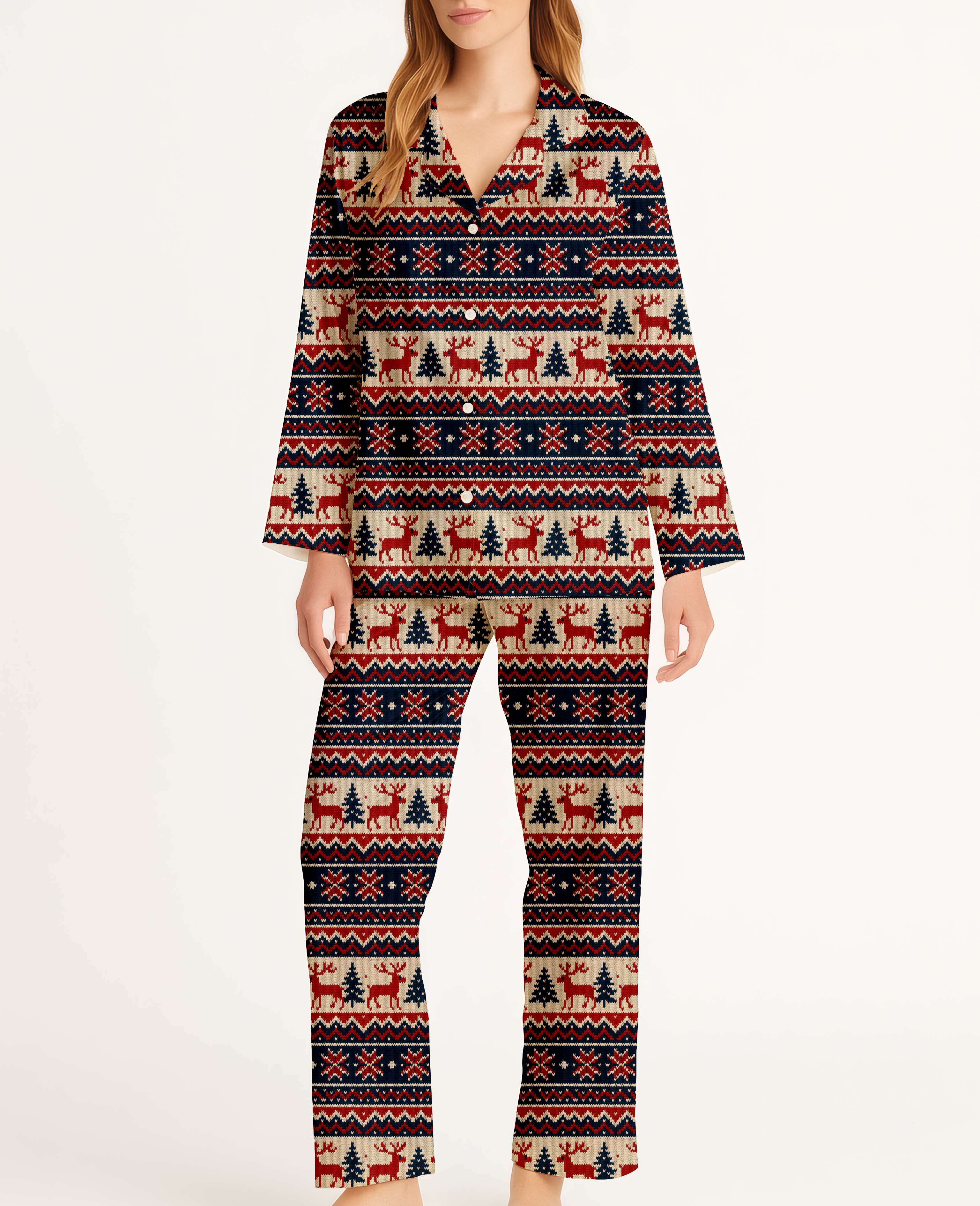 Hand-Knitted Printed Christmas Satin Pajama Long Set For Women