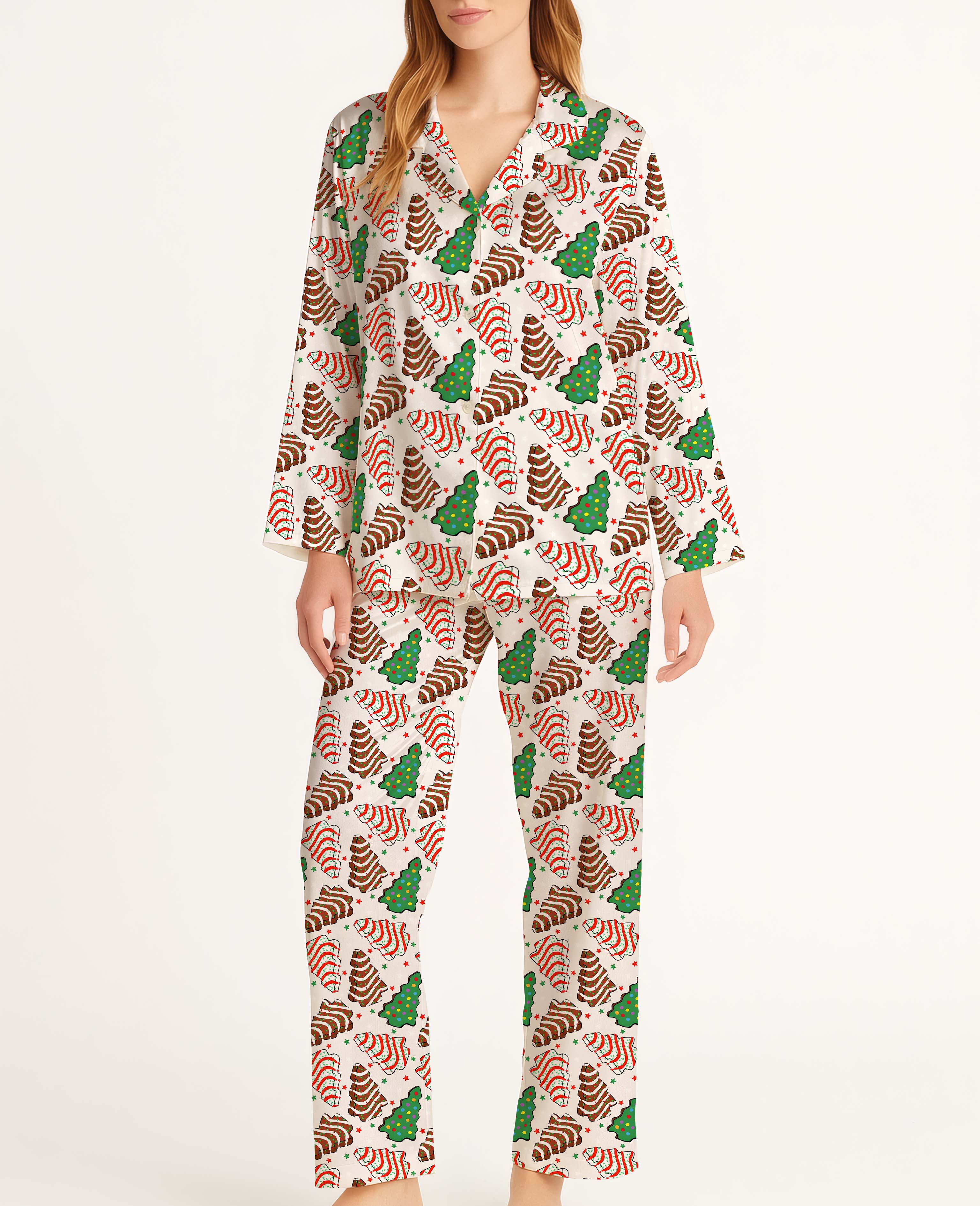 Christmas Tree Cakes Satin Pajama Long Set For Women