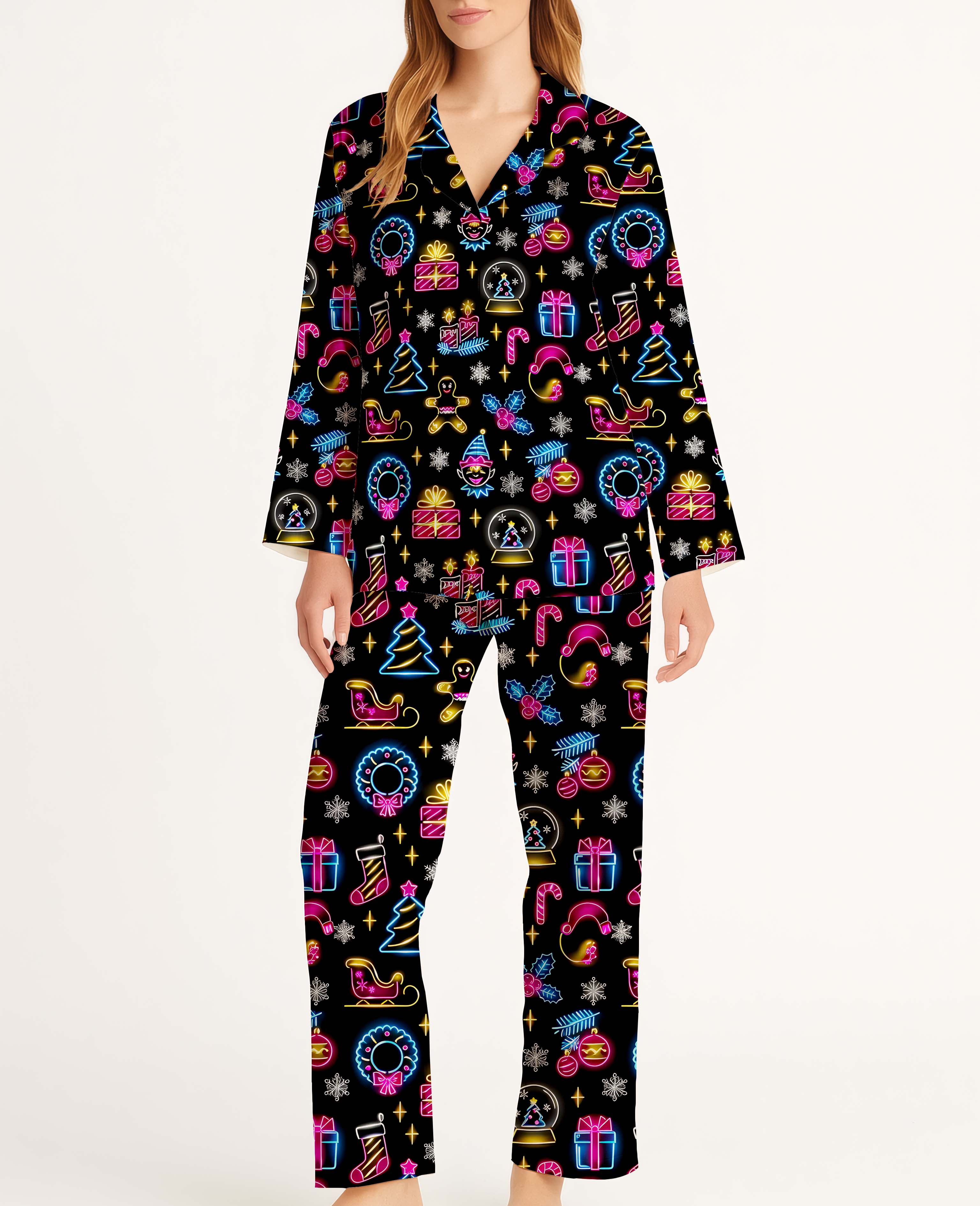 Neon Christmas Satin Pajama Long Set For Women