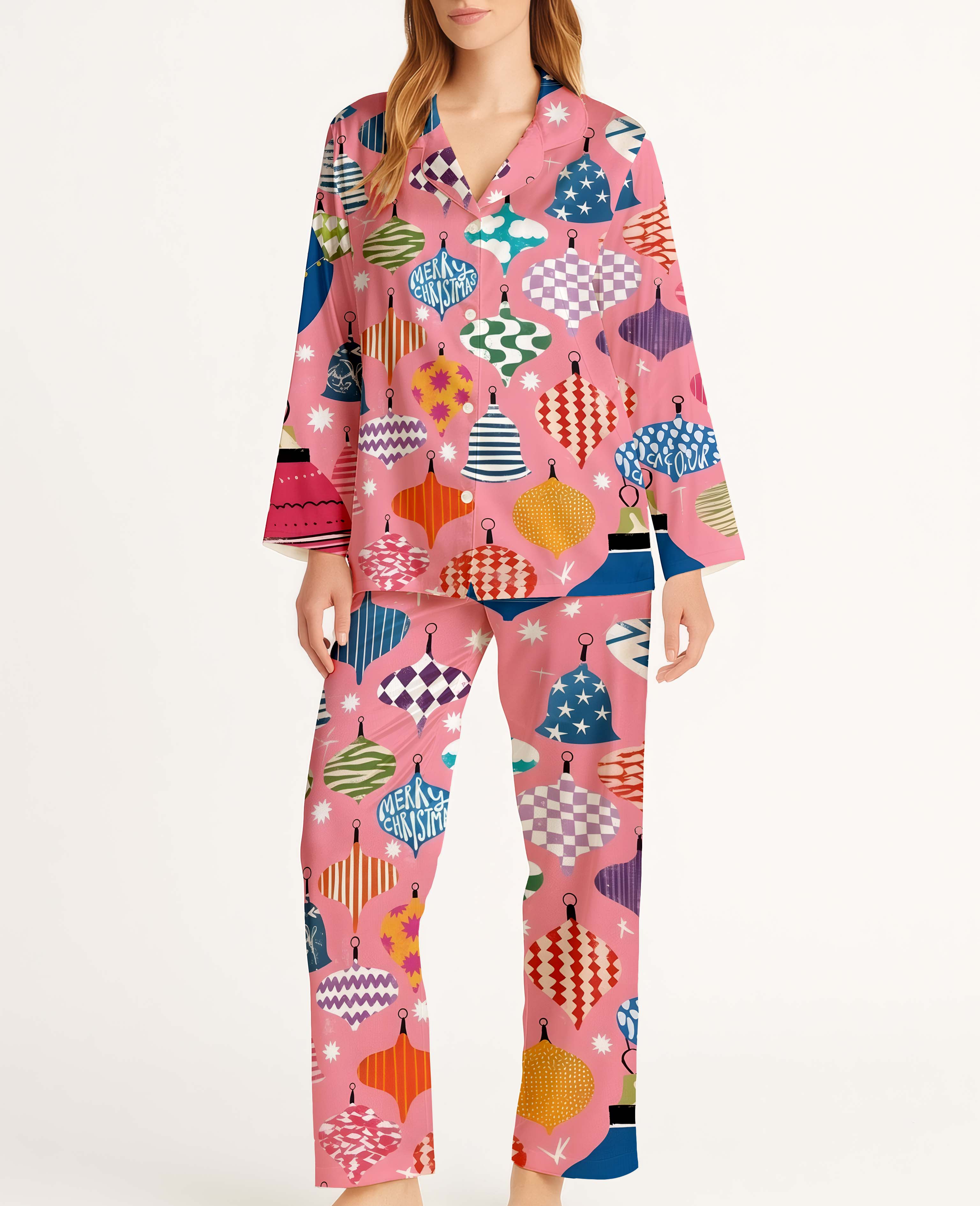 Christmas Baubles Pink Satin Pajama Long Set For Women