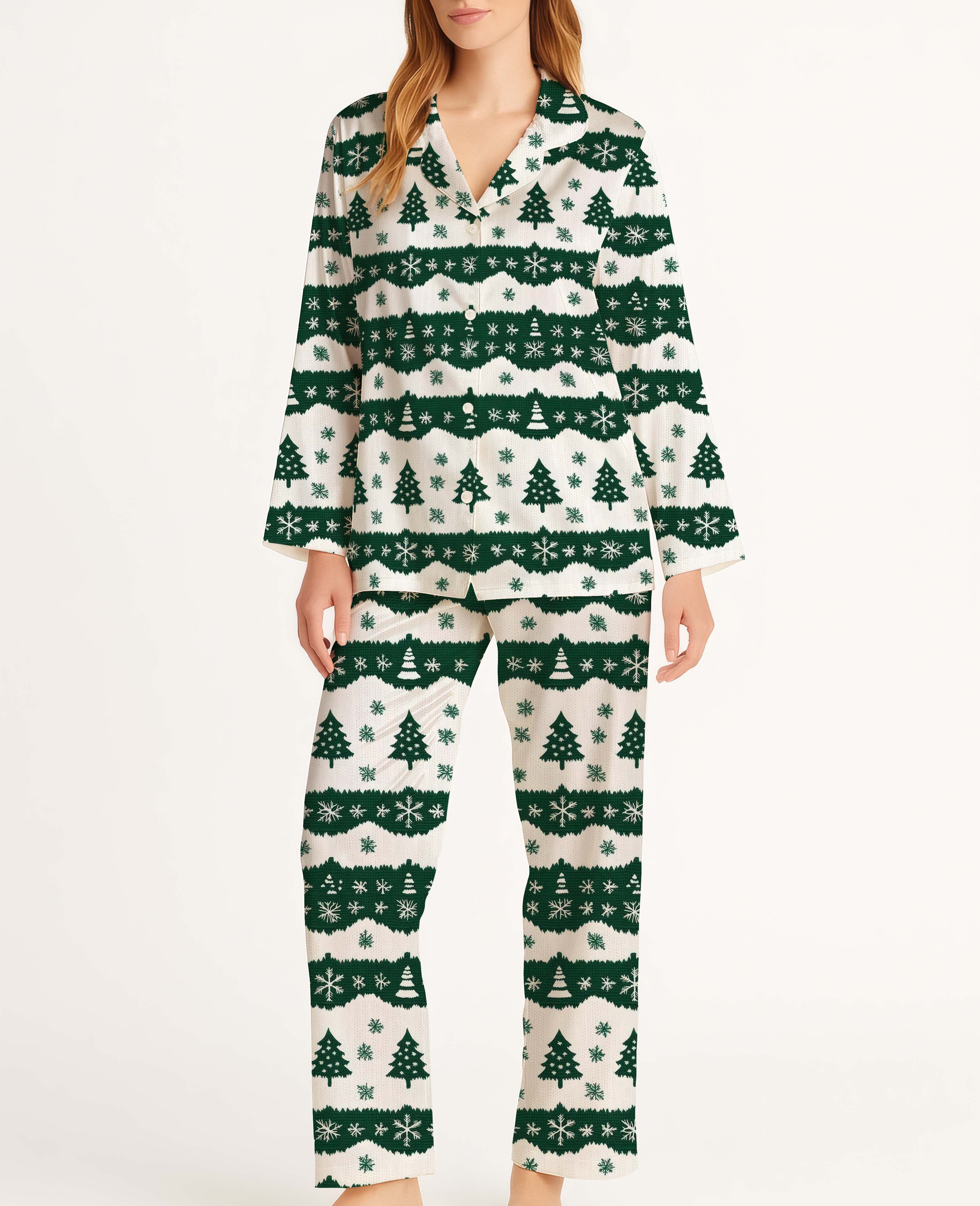 Green Christmas Tree Satin Pajama Long Set For Women
