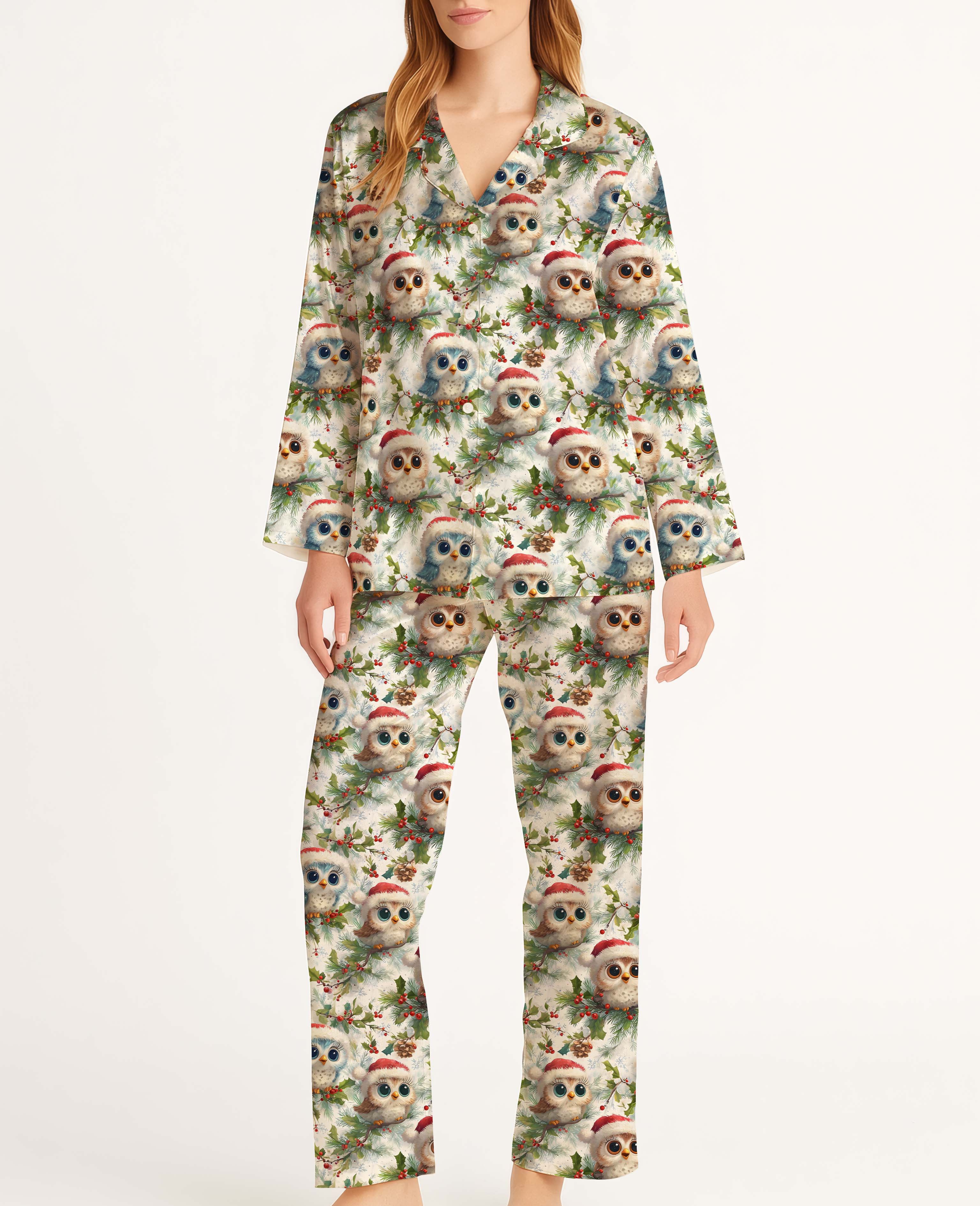 3D Printed The Owl In A Santa Hat Satin Pajama Long Set For Women
