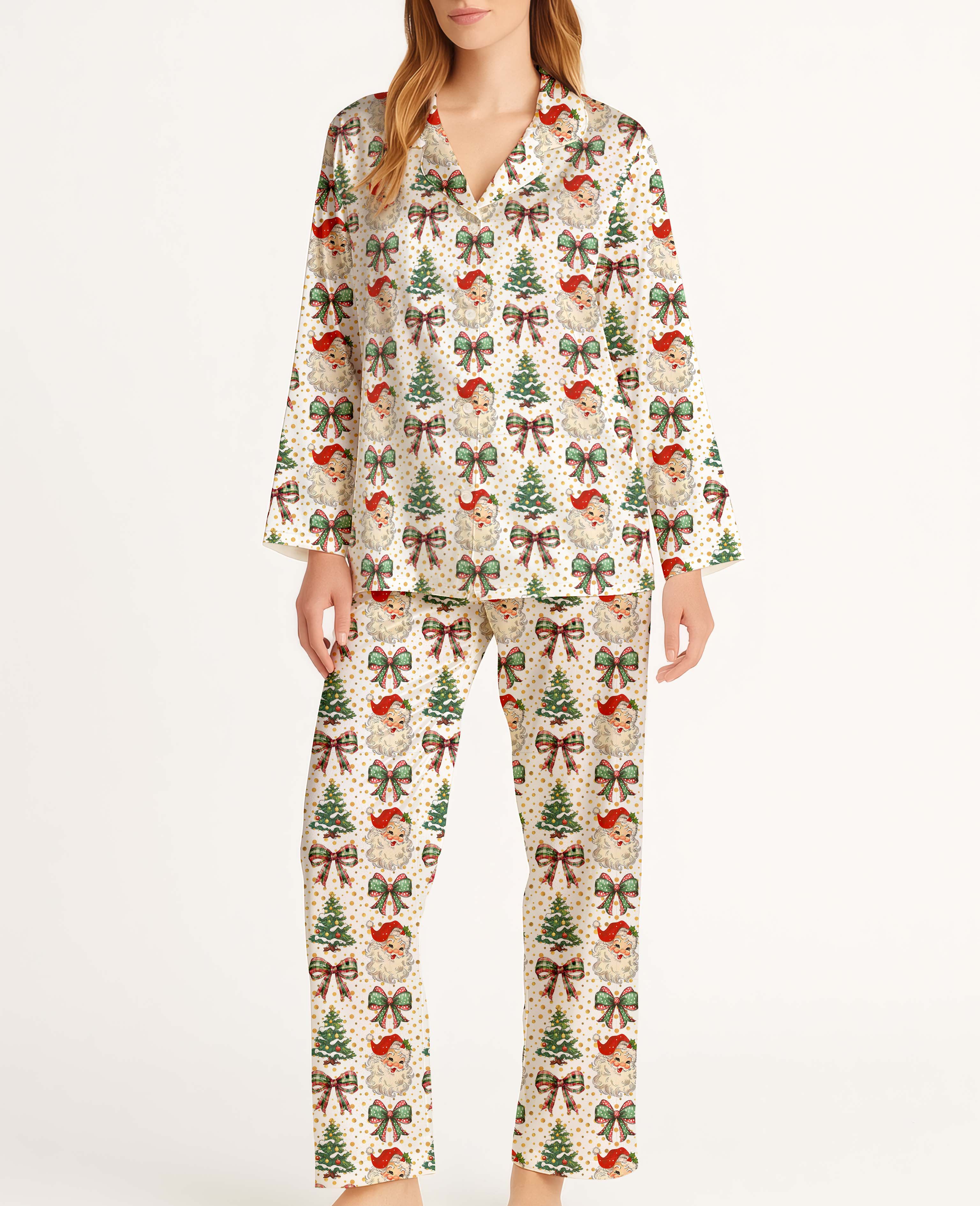 Vintage Classic Christmas Santa Satin Pajama Long Set For Women