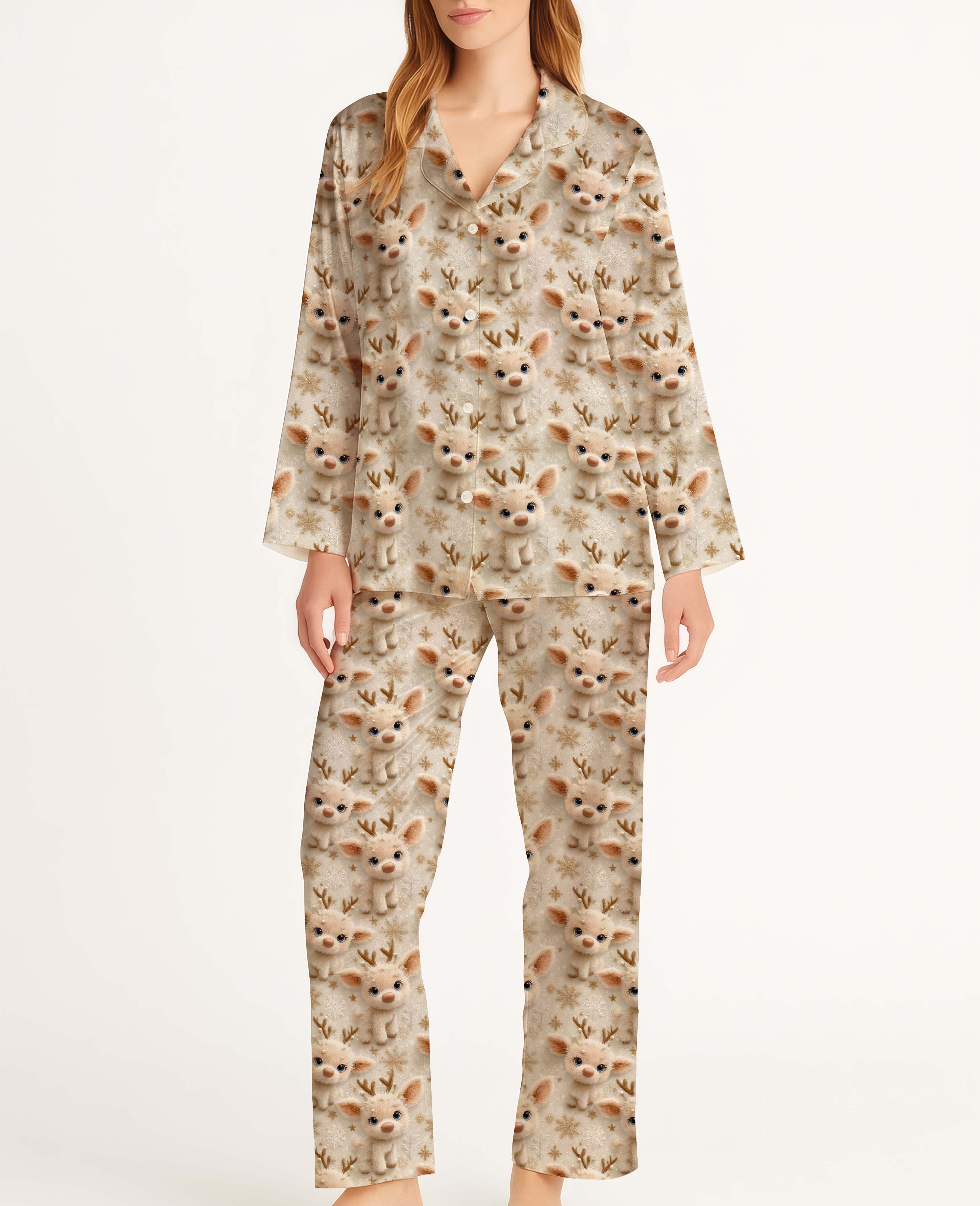 3D Cream-Colored Christmas Reindeer Satin Pajama Long Set For Women