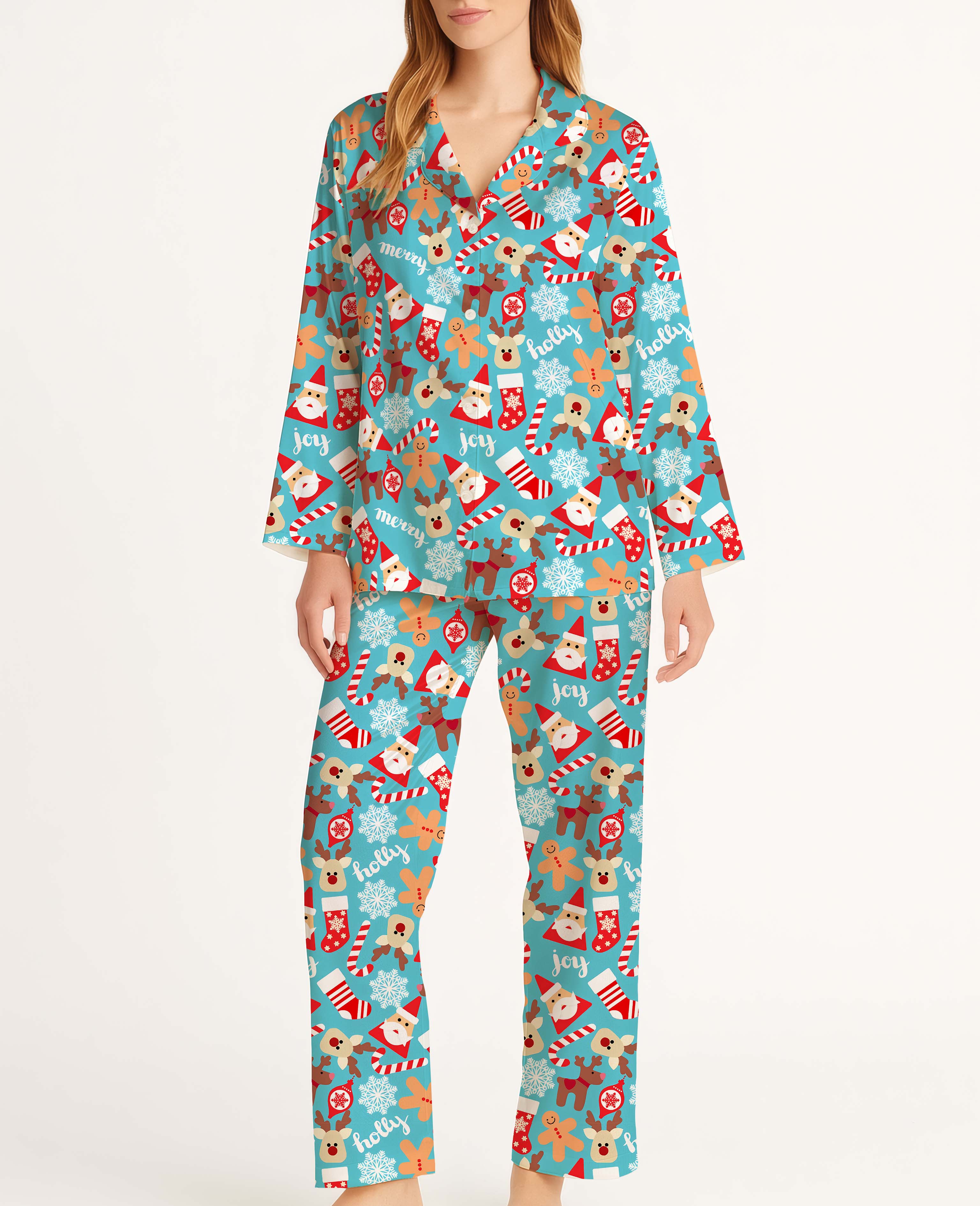 Christmas Snowflake Gingerbread Man Satin Pajama Long Set For Women