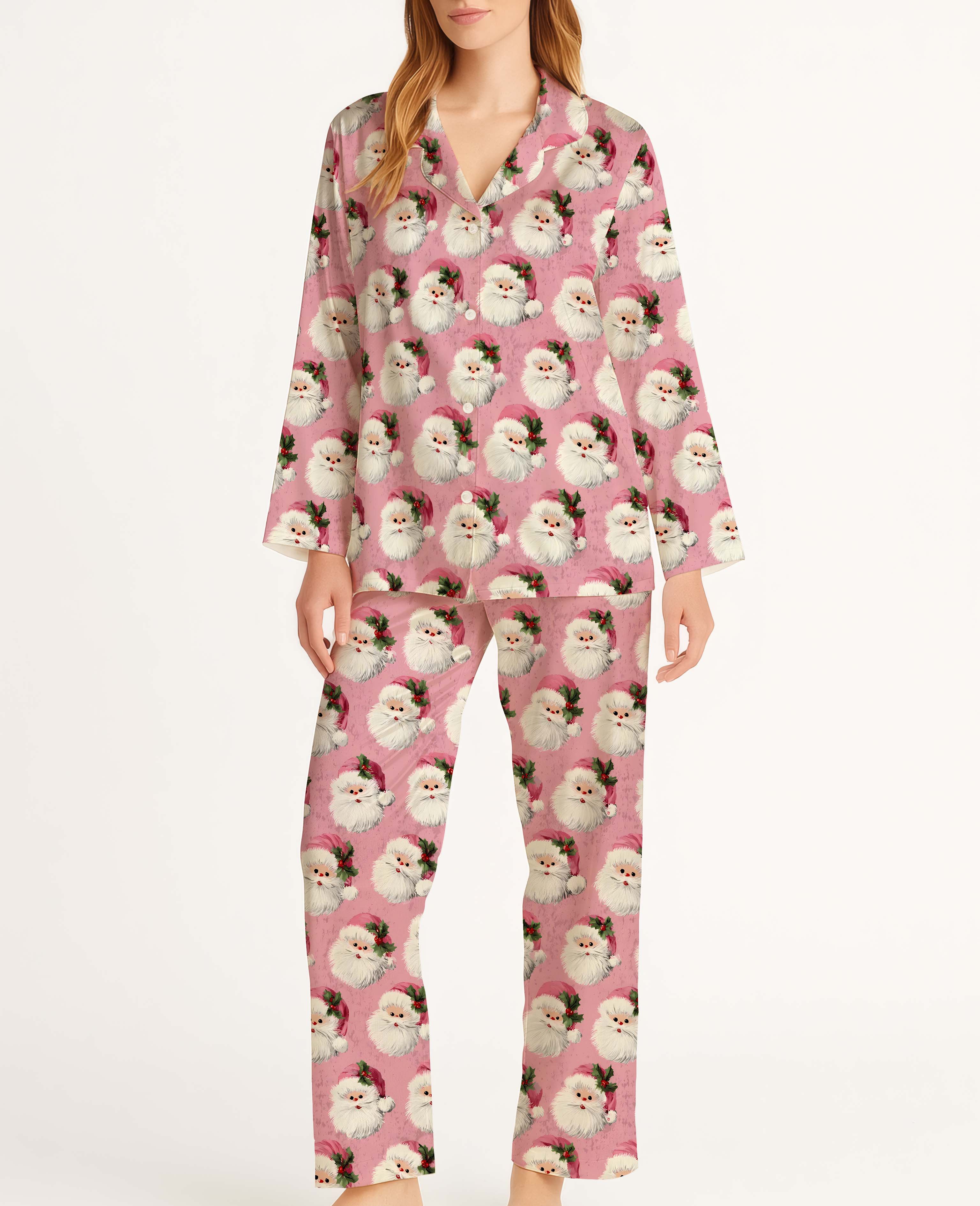 Pink Cute Santa Claus Avatar Satin Pajama Long Set For Women