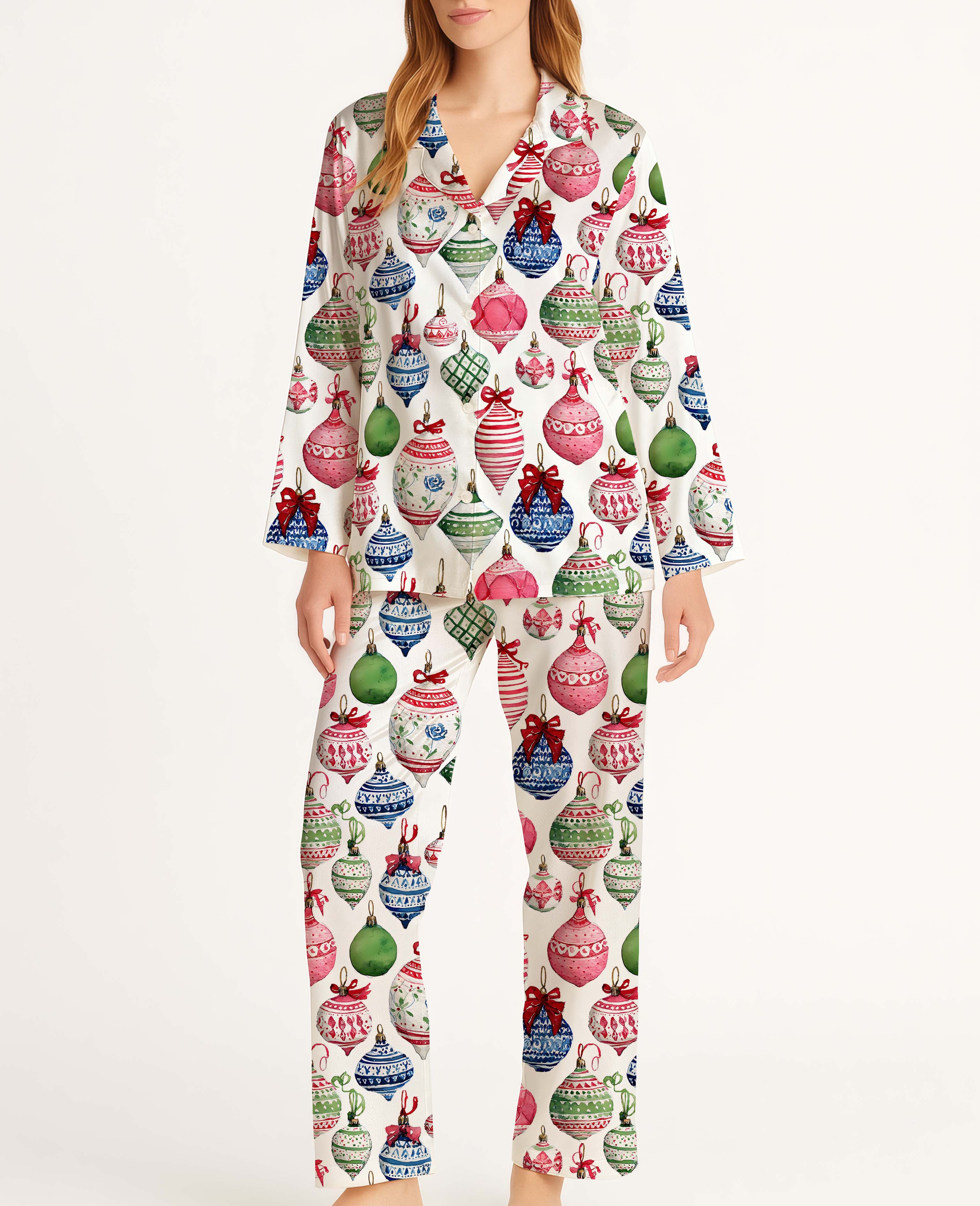 Colorful Christmas Baubles Satin Pajama Long Set For Women